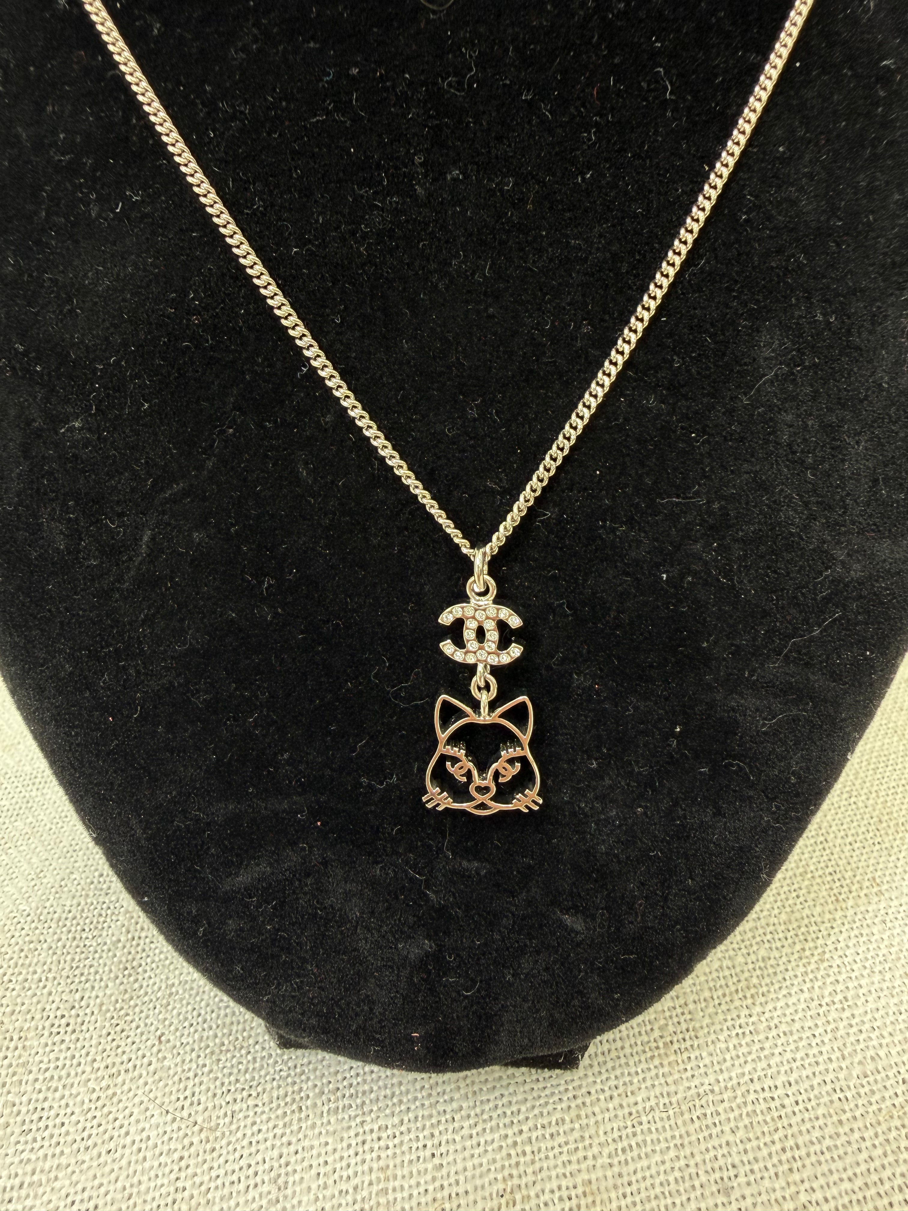 Chanel Silver & Crystal Emoji Choupette Cat Pendant Necklace