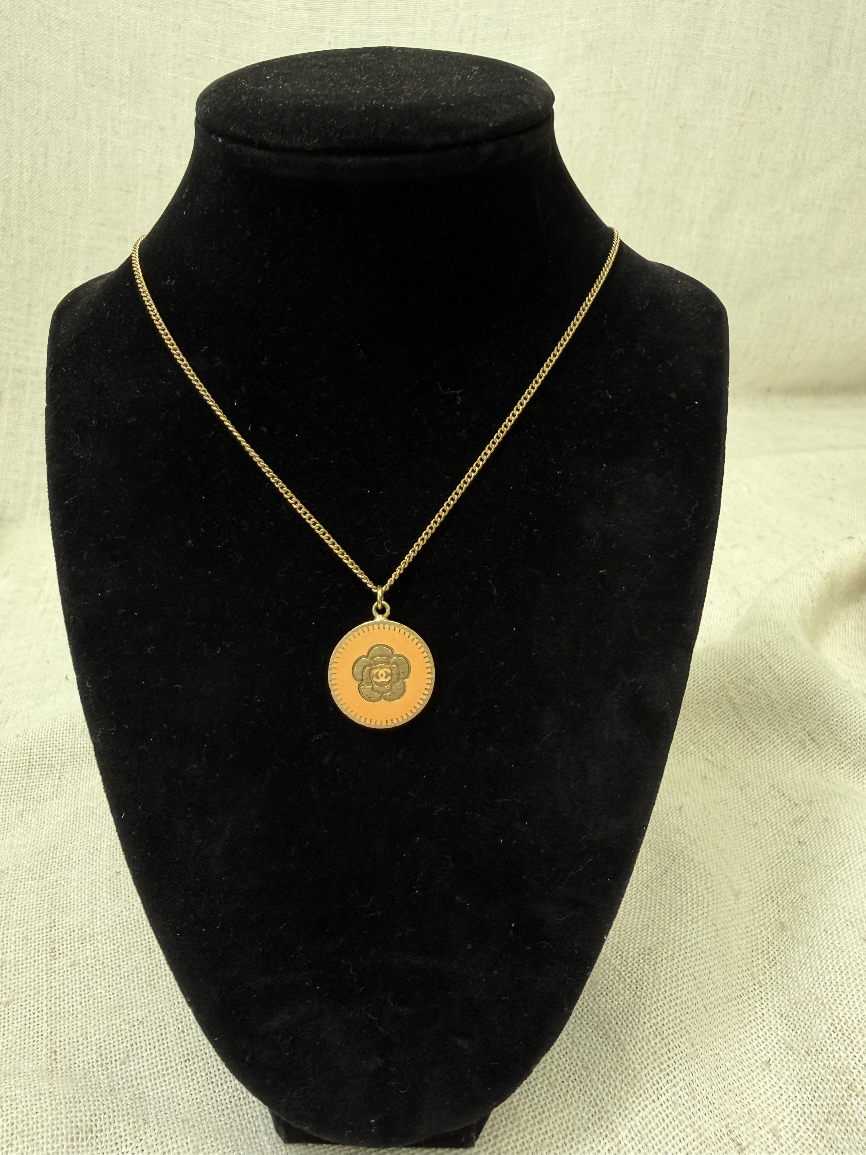 Chanel Vintage Gold Tone Camellia Resin Coin Necklace
