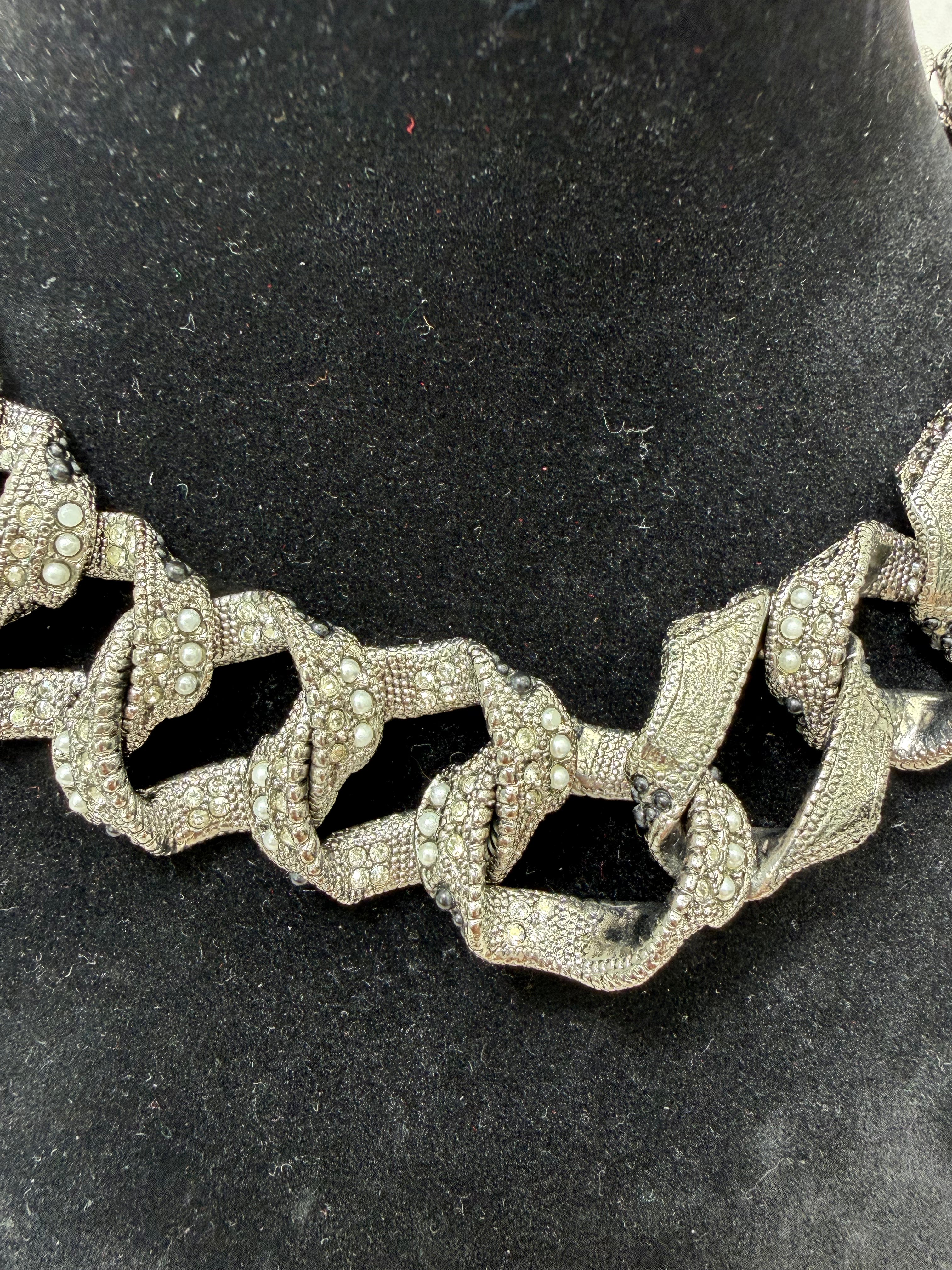 Chanel Vintage Ruthenium Strass Crystal & Pearl Curb Chain Choker Necklace