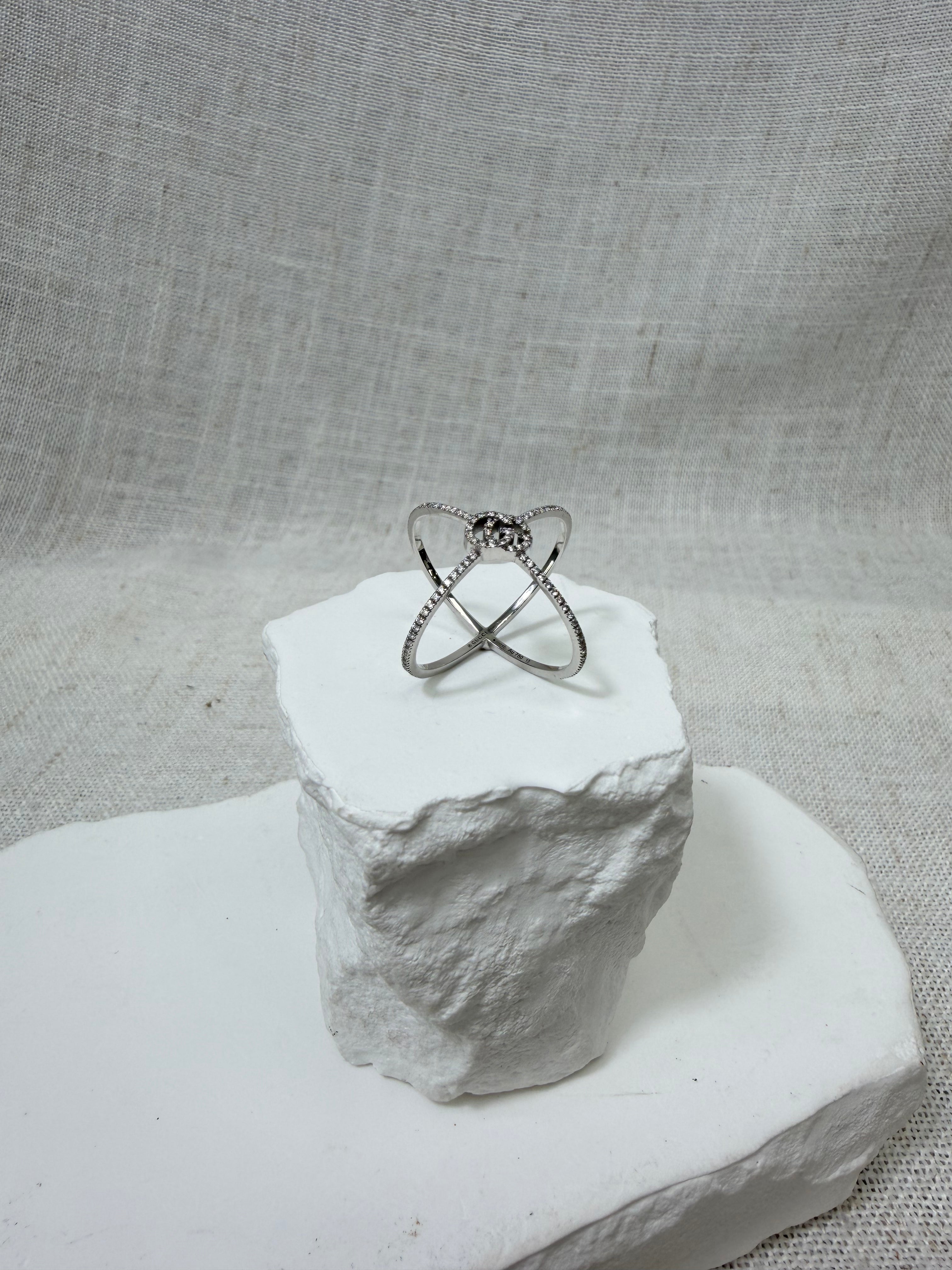 Gucci Diamond & White Gold Running G Cross Ring Size 6.25