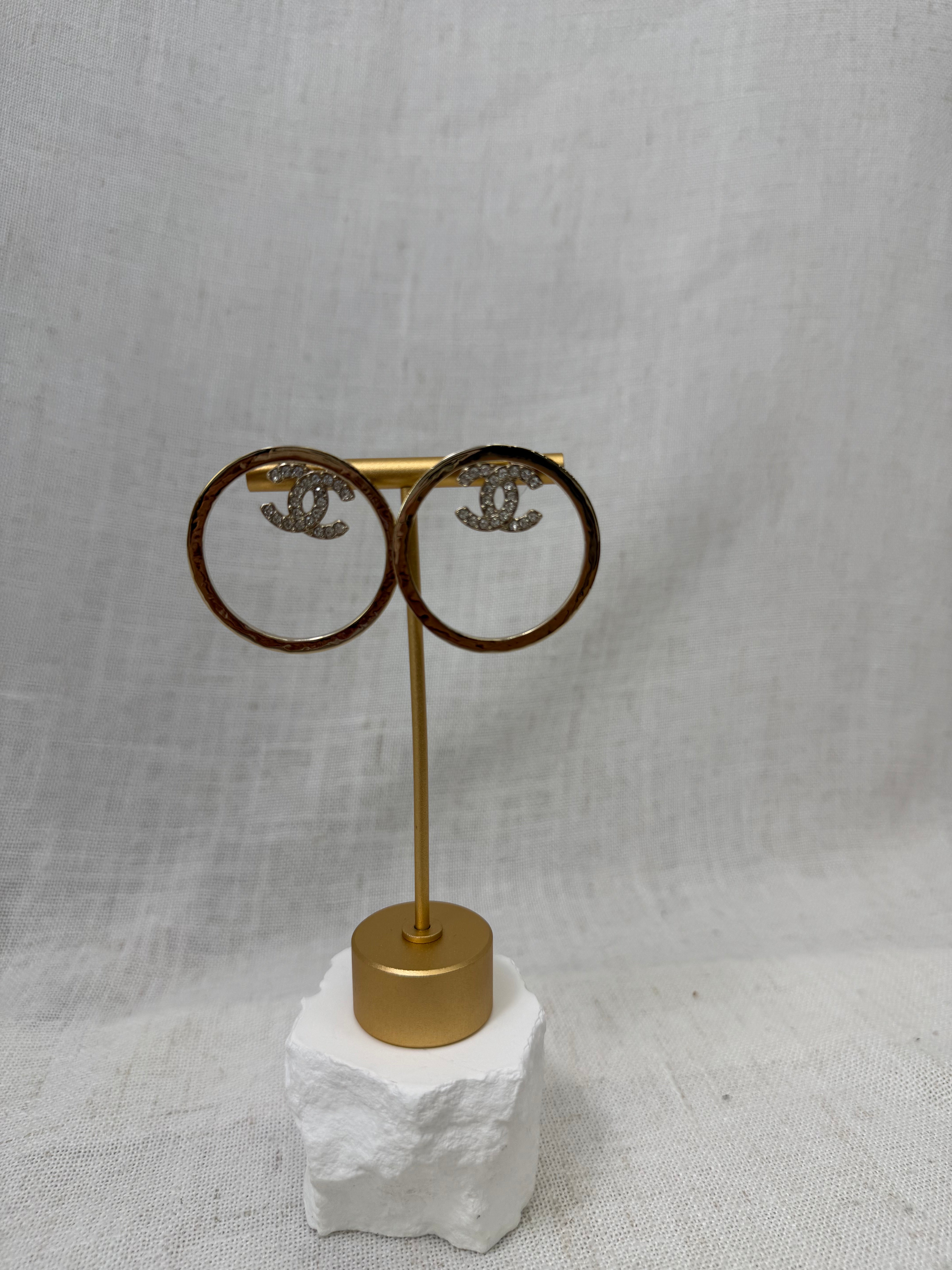 Chanel Crystal & Gold Tone CC Circle Drop Earrings