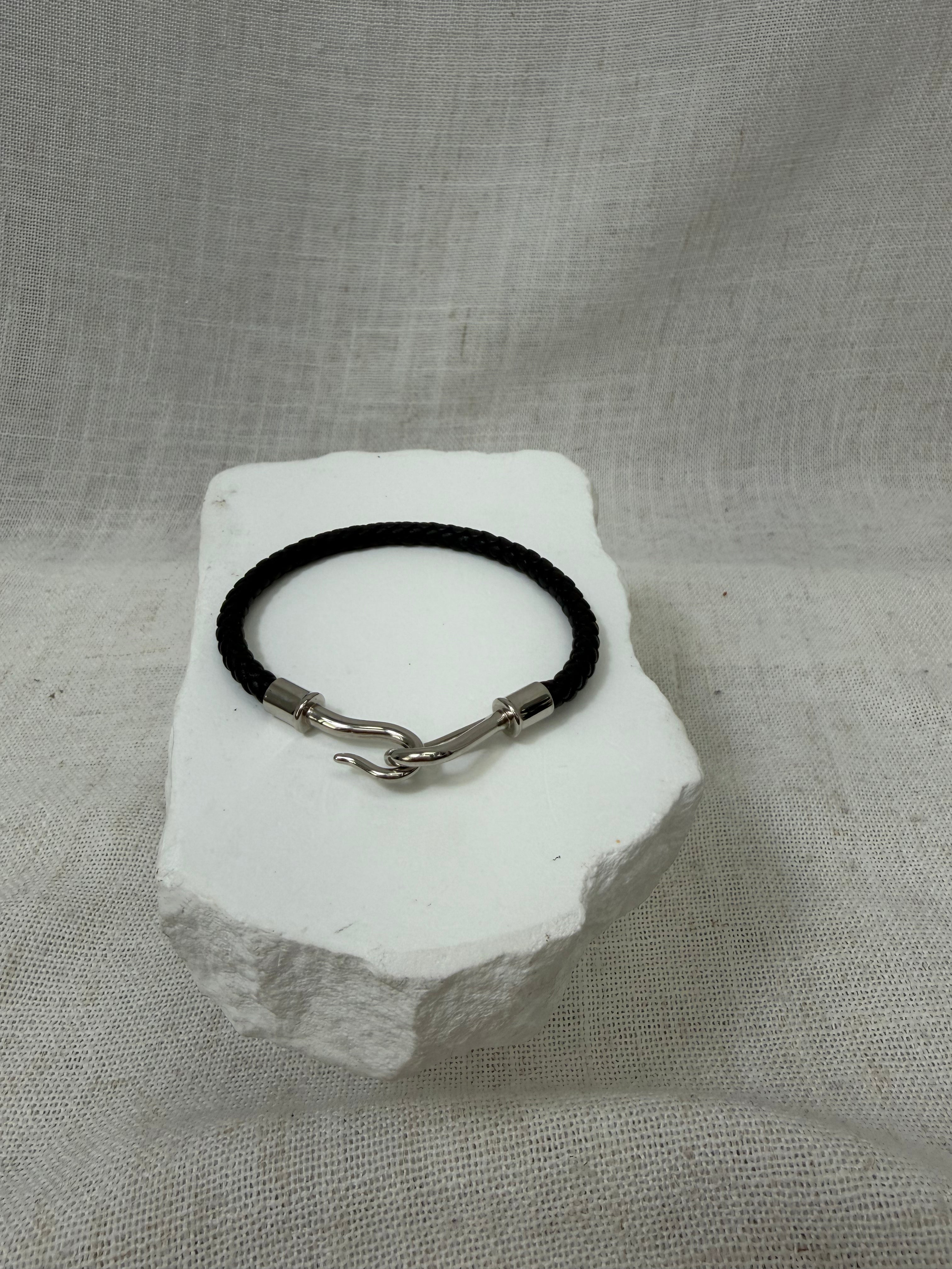 Hermes Black Braided Swift Leather Jumbo SIlver Hook Bracelet