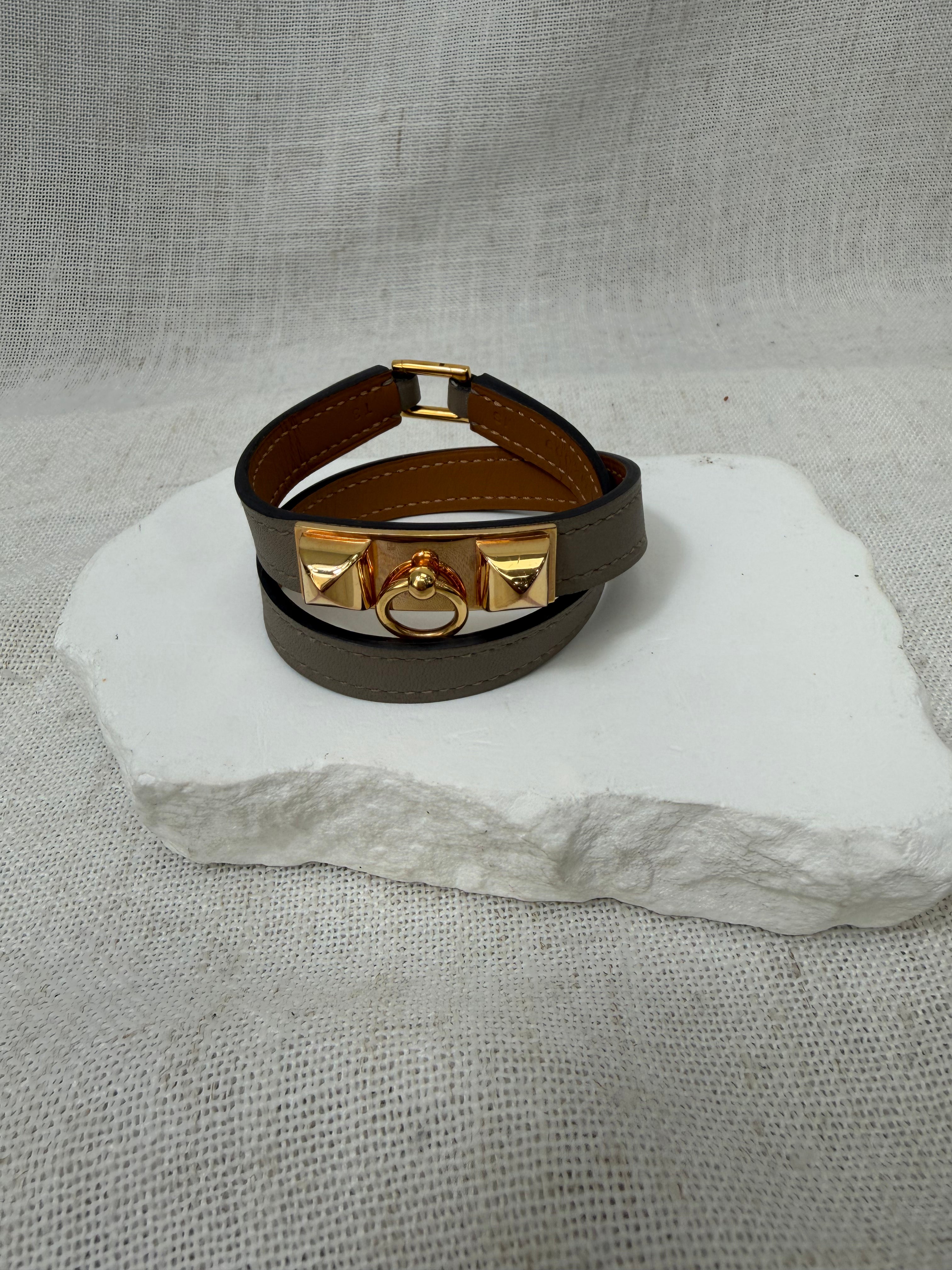 Hermes Taupe Leather Rivale Double Tour Bracelet