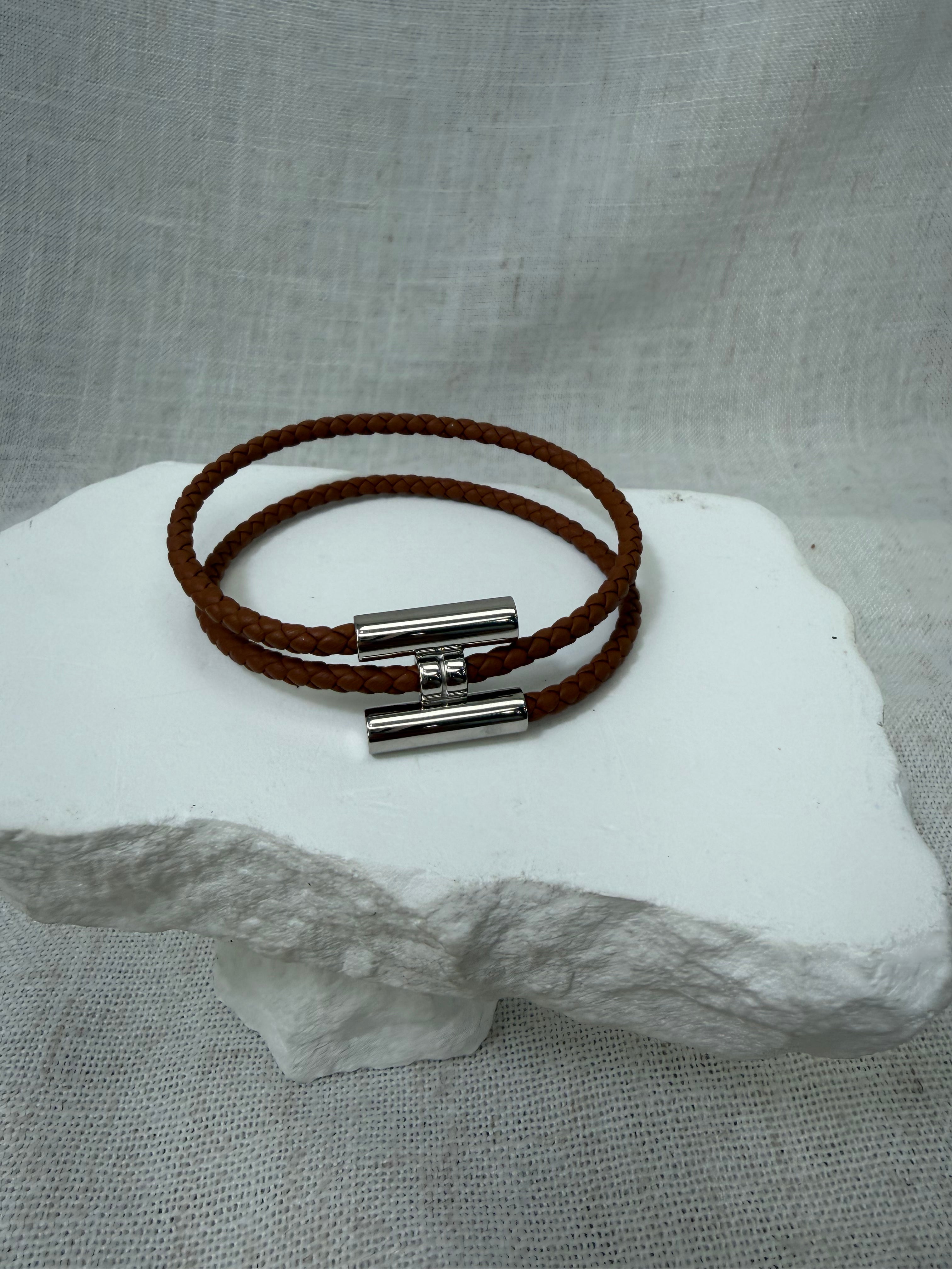 BRAND NEW- Hermes Brown Braided Leather Double Wrap Tournis Tresse Bracelet