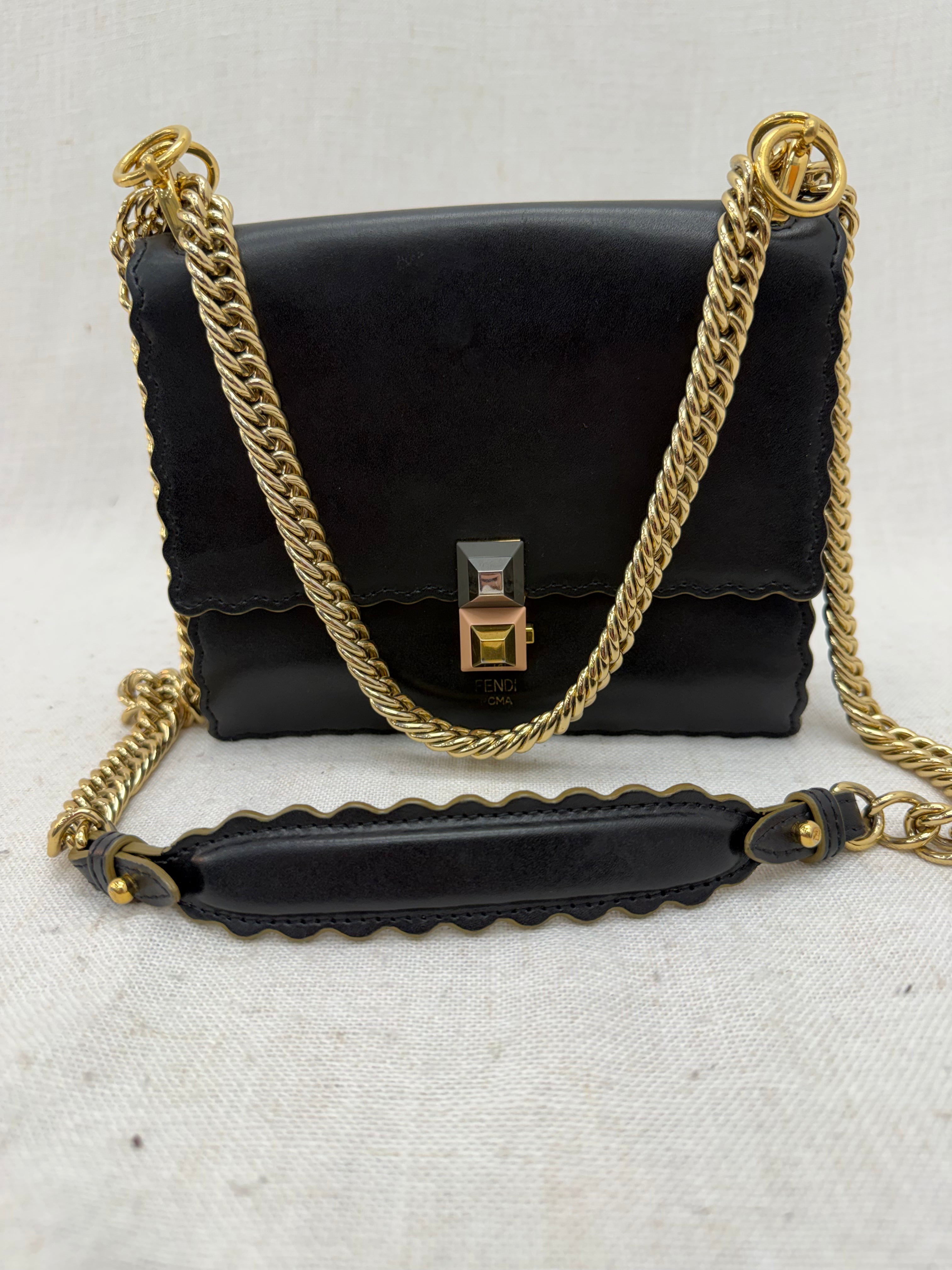 Fendi Black Leather Vitello Liberty Scalloped Crossbody