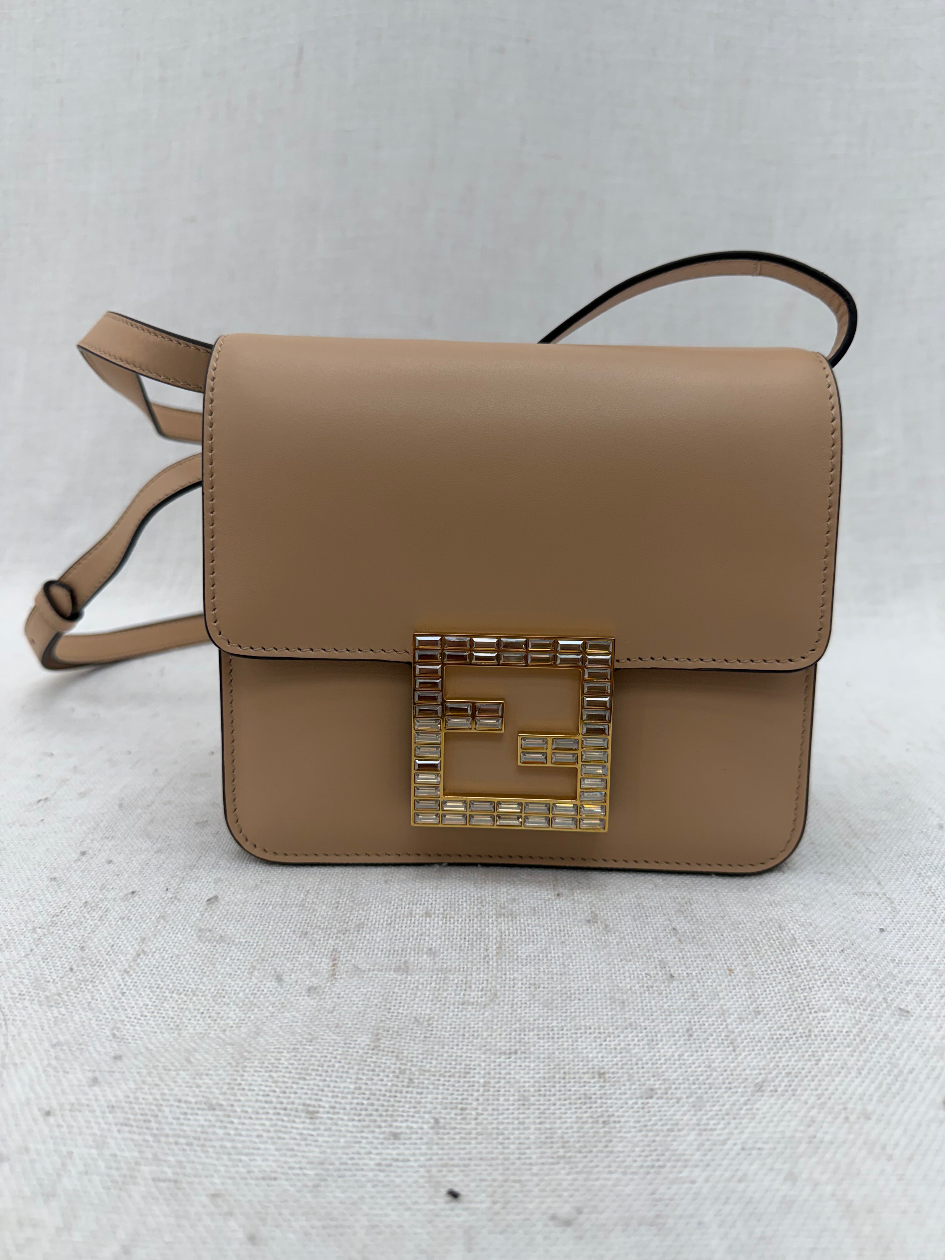 Fendi Beige Leather Vitello King Crystal Fab Shoulder Bag
