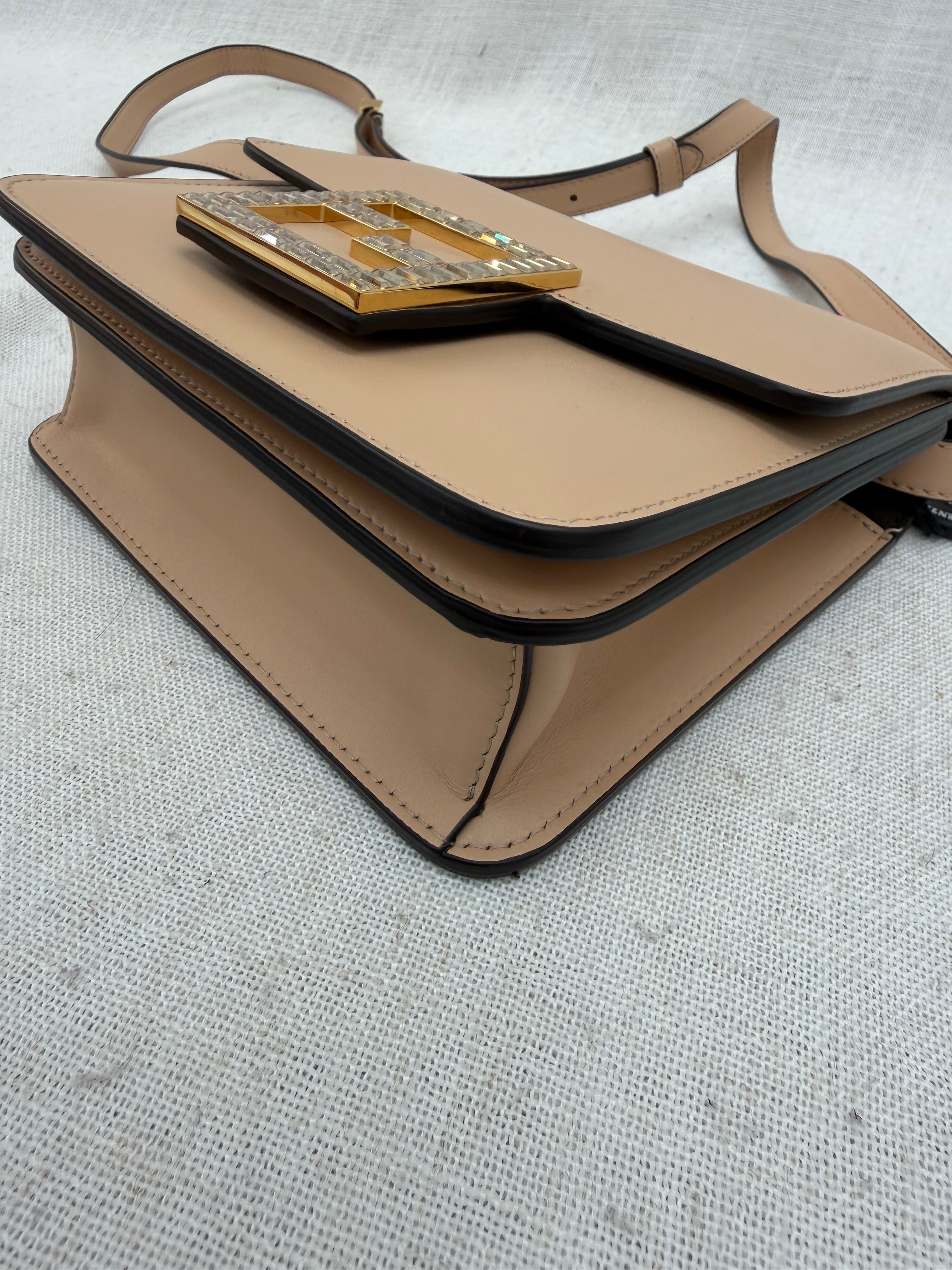 Fendi Beige Leather Vitello King Crystal Fab Shoulder Bag