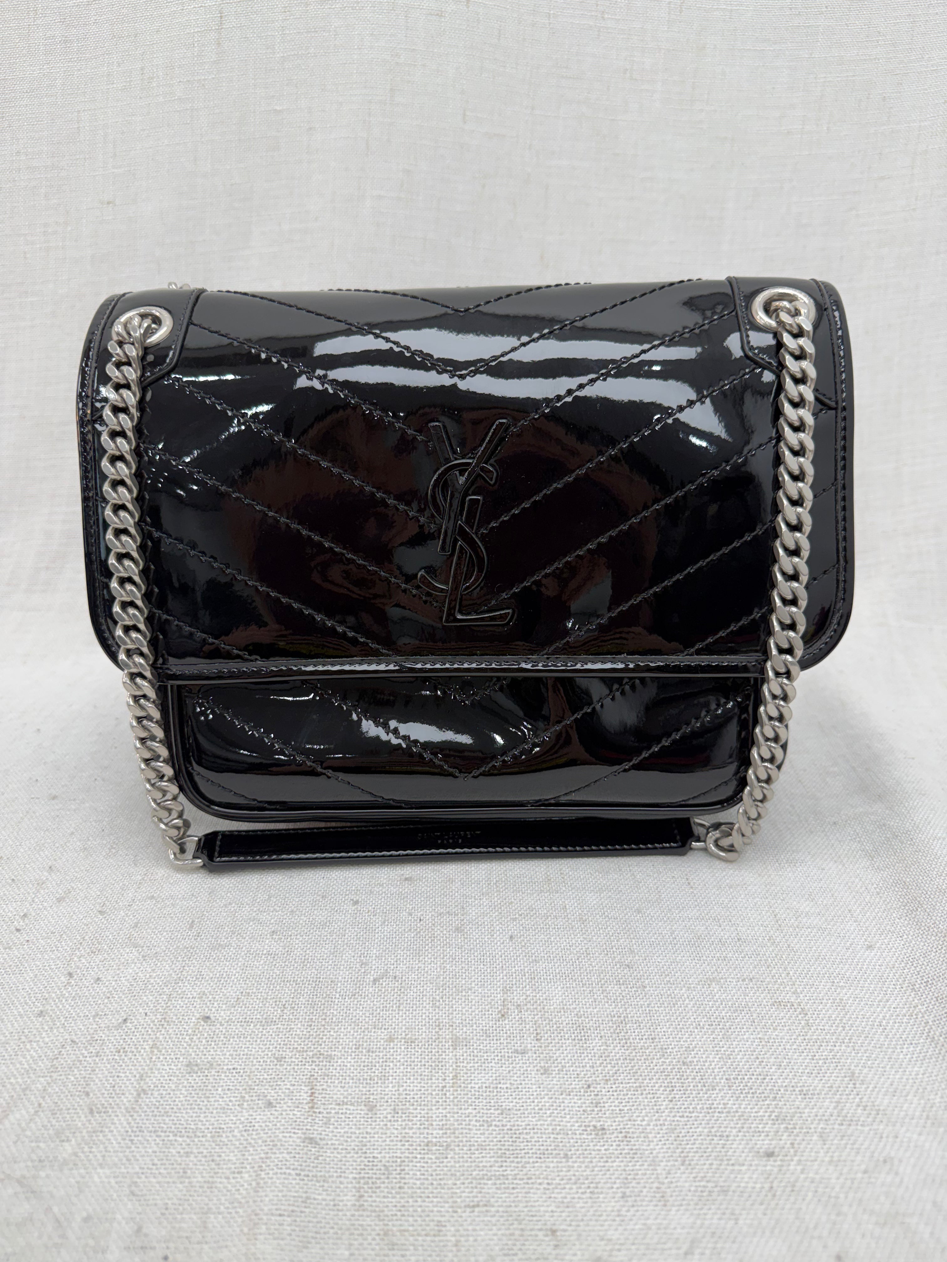 Saint Laurent YSL Black Quilted Chevron Patent Leather Medium Niki Chain Satchel