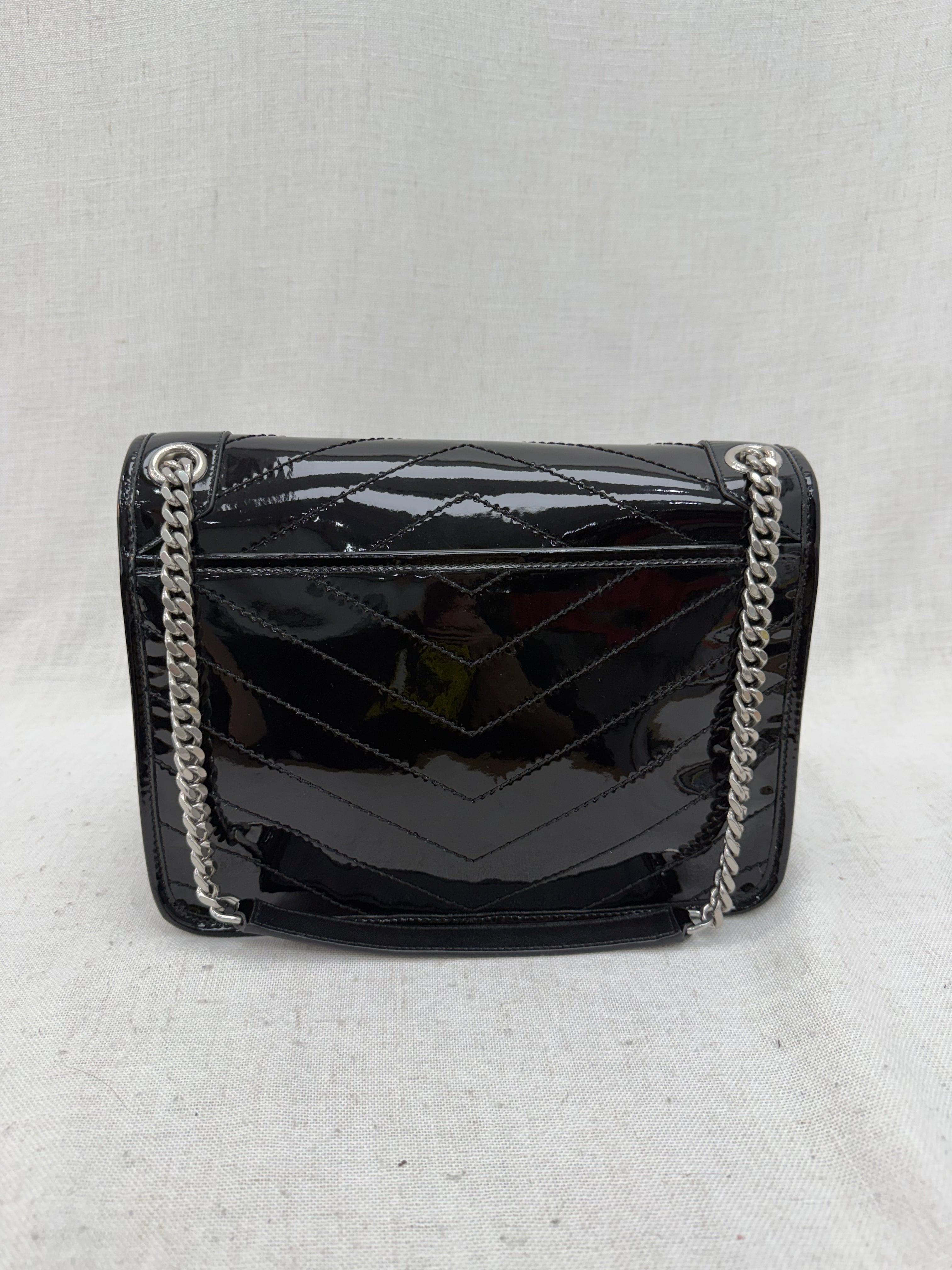 Saint Laurent YSL Black Quilted Chevron Patent Leather Medium Niki Chain Satchel