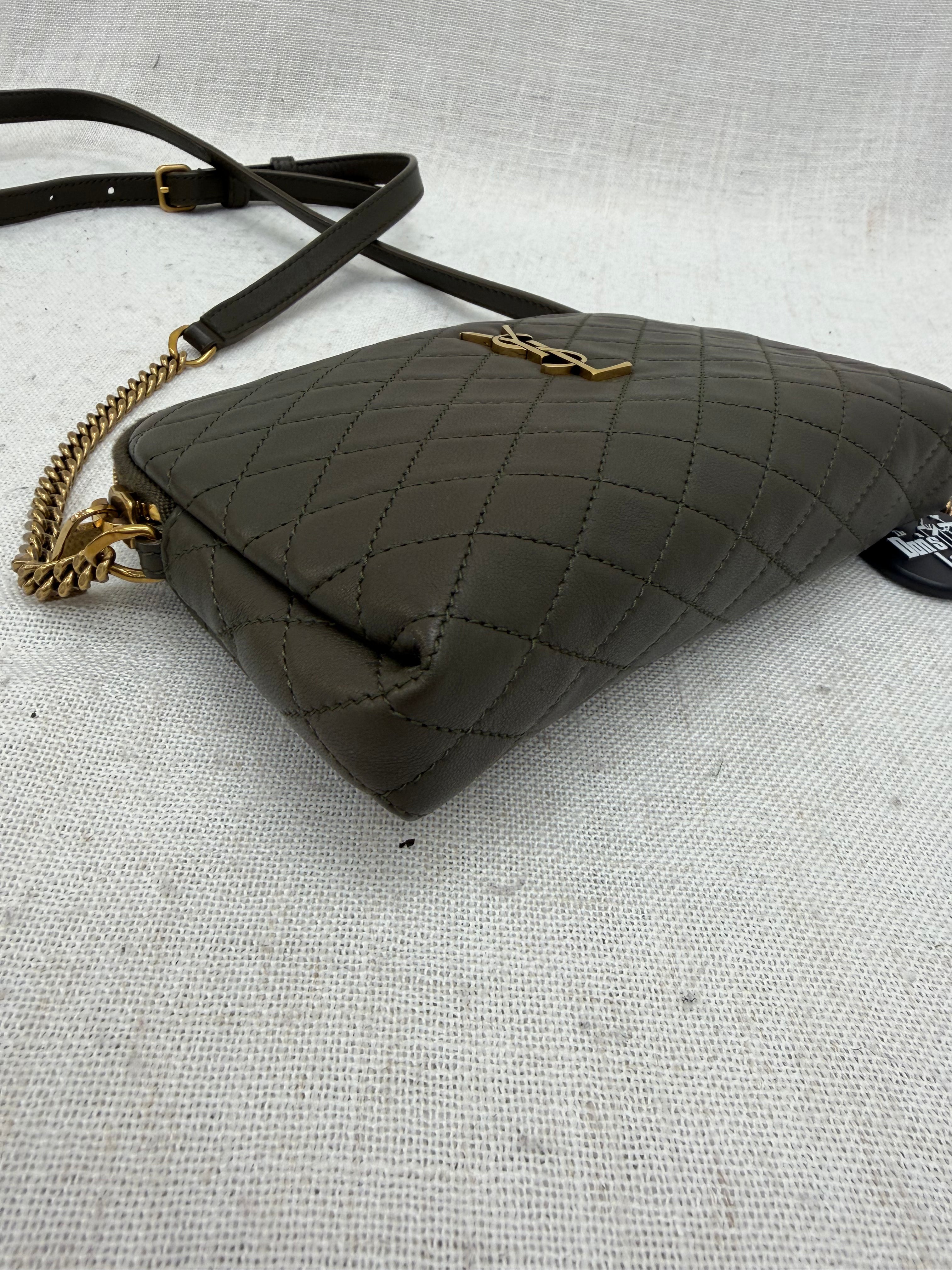 Saint Laurent YSL Dark Green Quilted Lambskin Gaby Zipped Crossbody