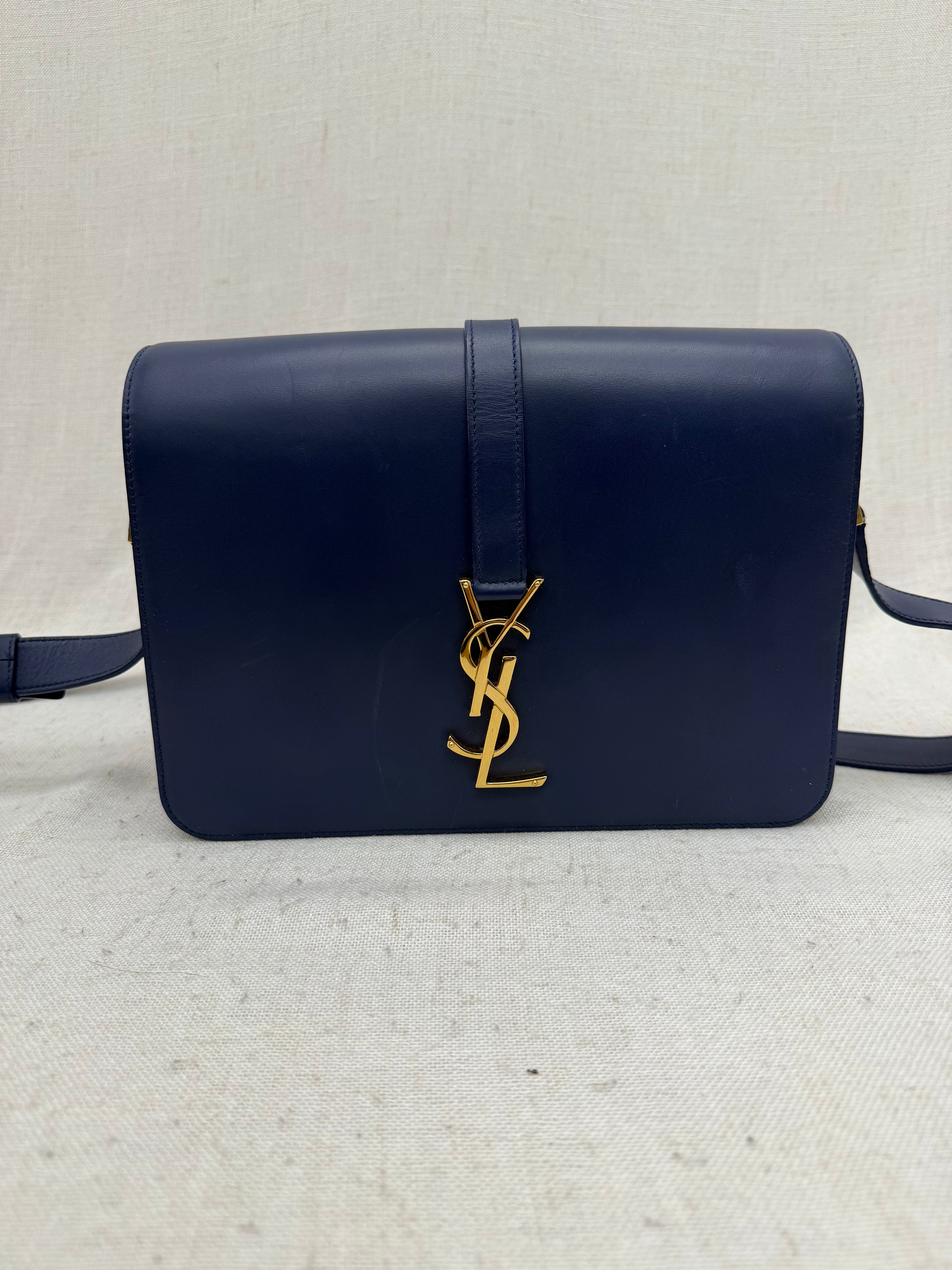 Saint Laurent YSL Navy Blue Leather Monogram Logo Bag