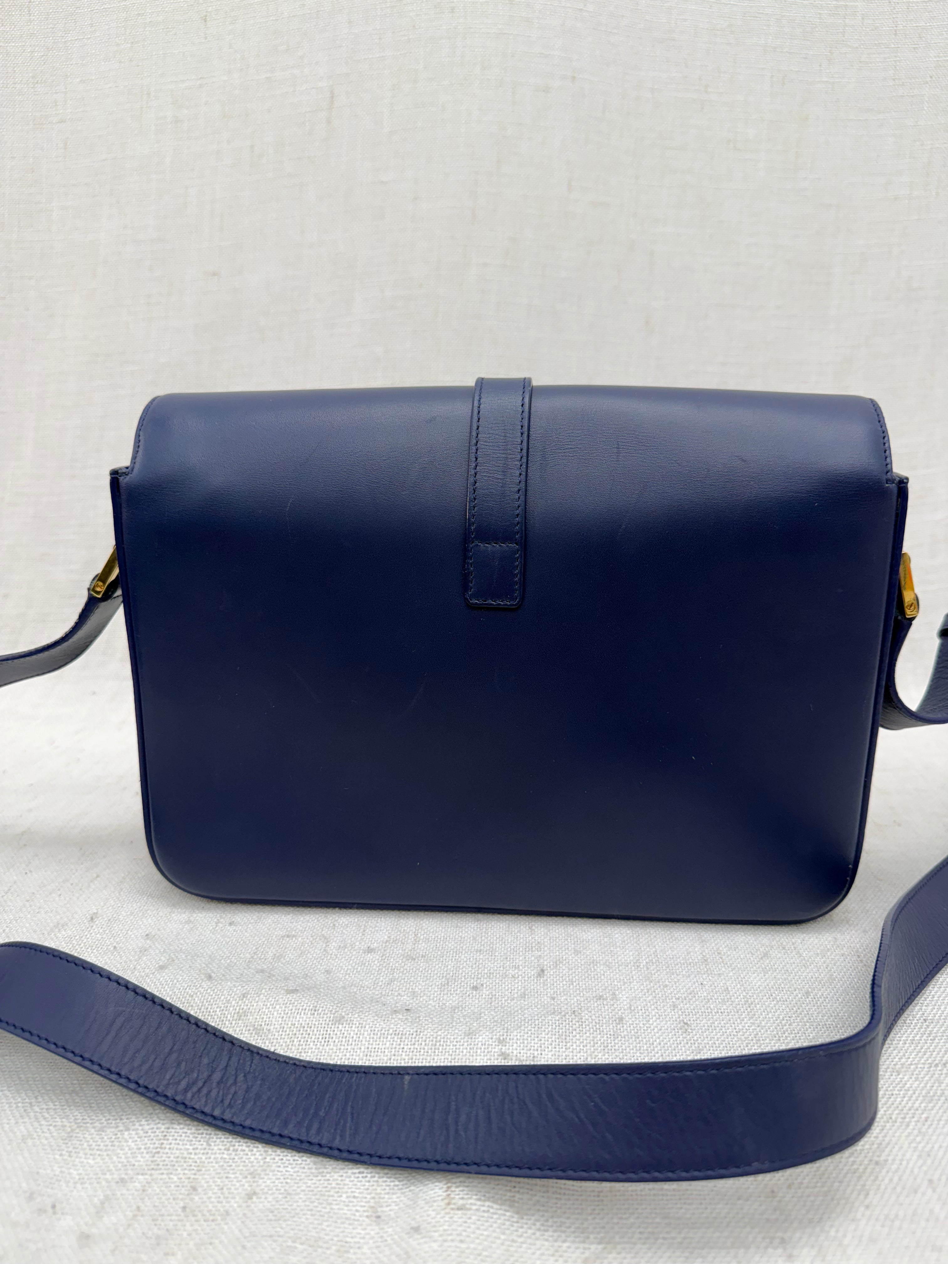 Saint Laurent YSL Navy Blue Leather Monogram Logo Bag