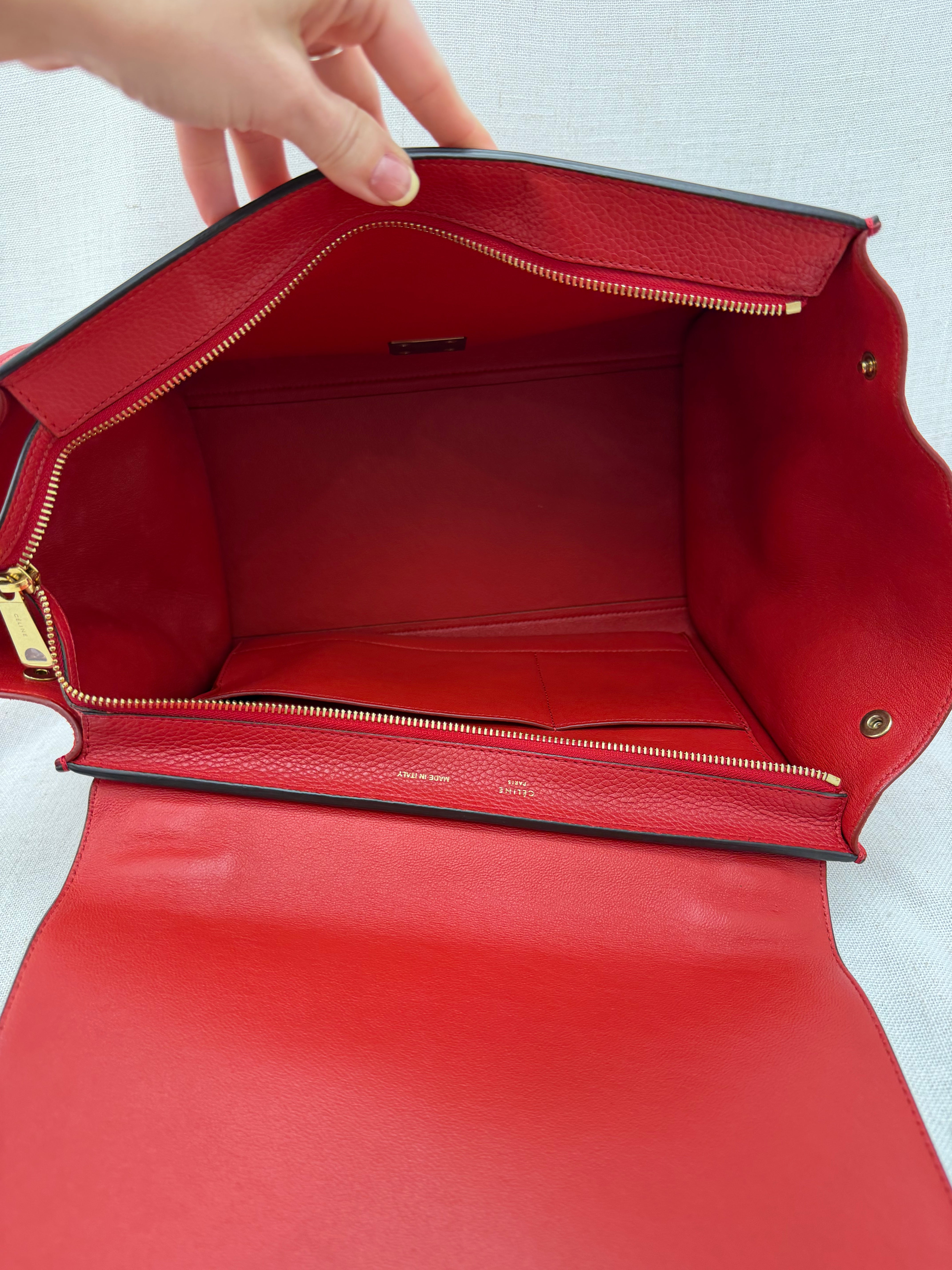 Celine Red Drummed Calfskin & Suede Small Trapeze 2Way Bag