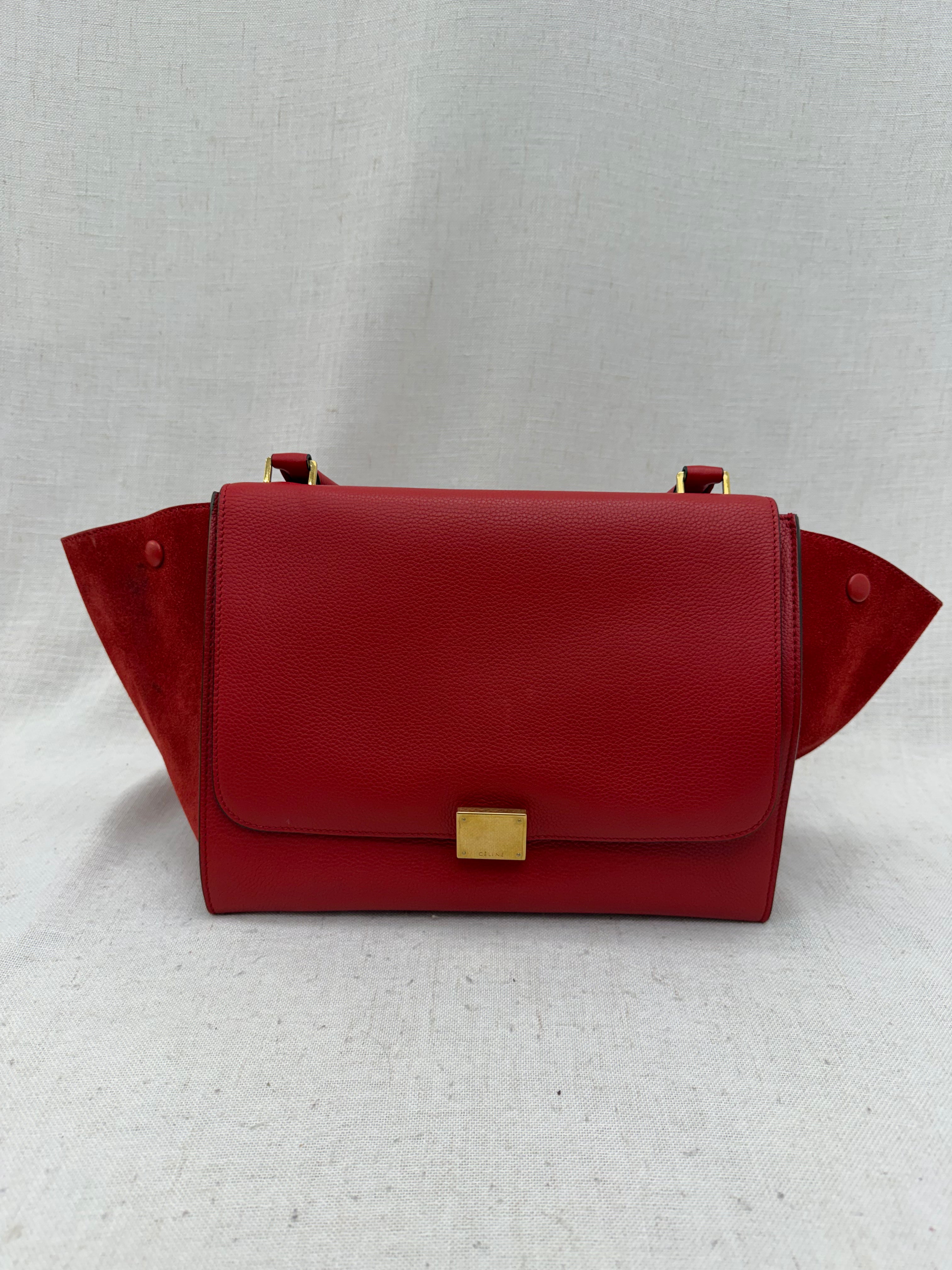 Celine Red Drummed Calfskin & Suede Small Trapeze 2Way Bag