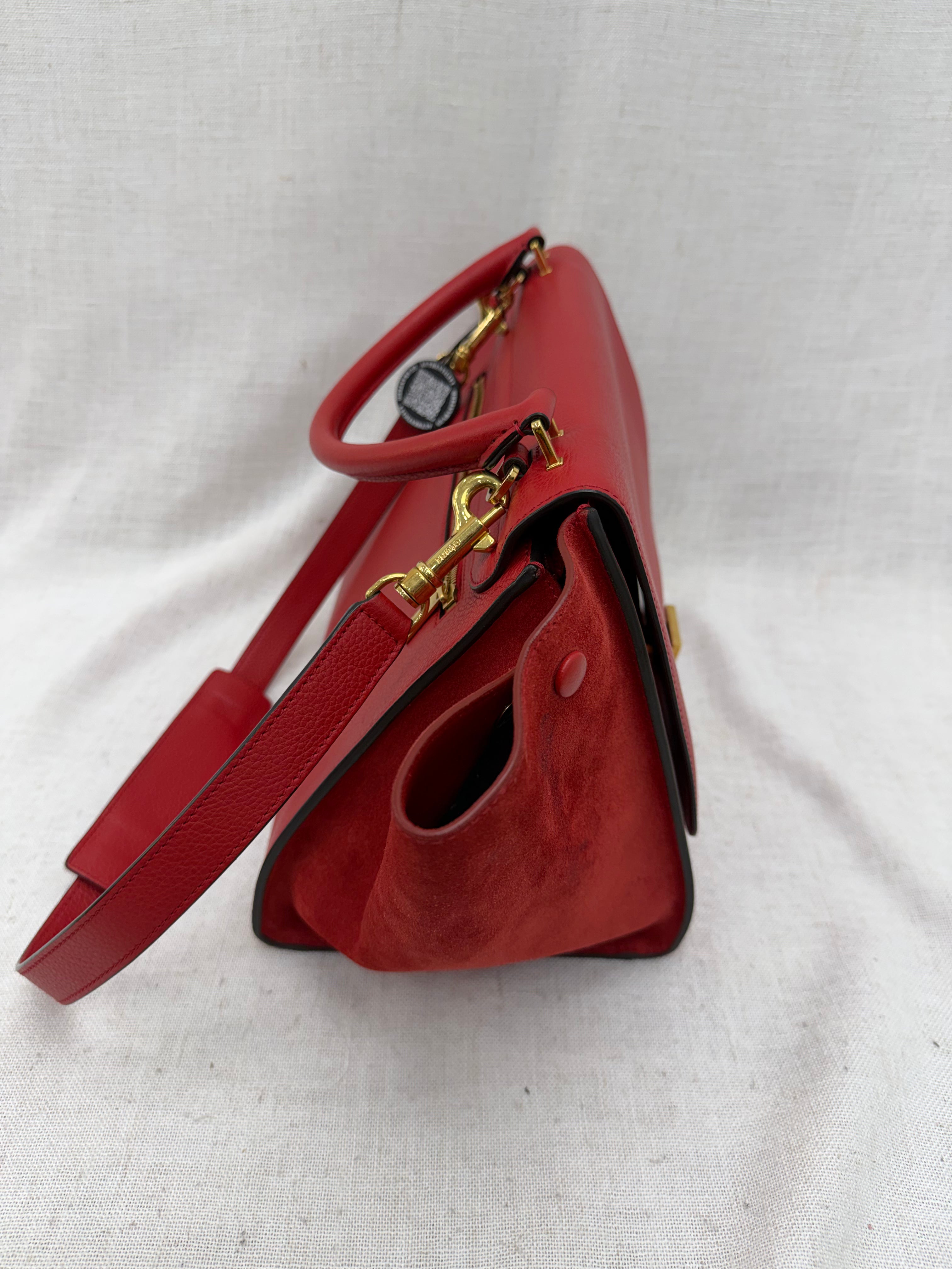 Celine Red Drummed Calfskin & Suede Small Trapeze 2Way Bag