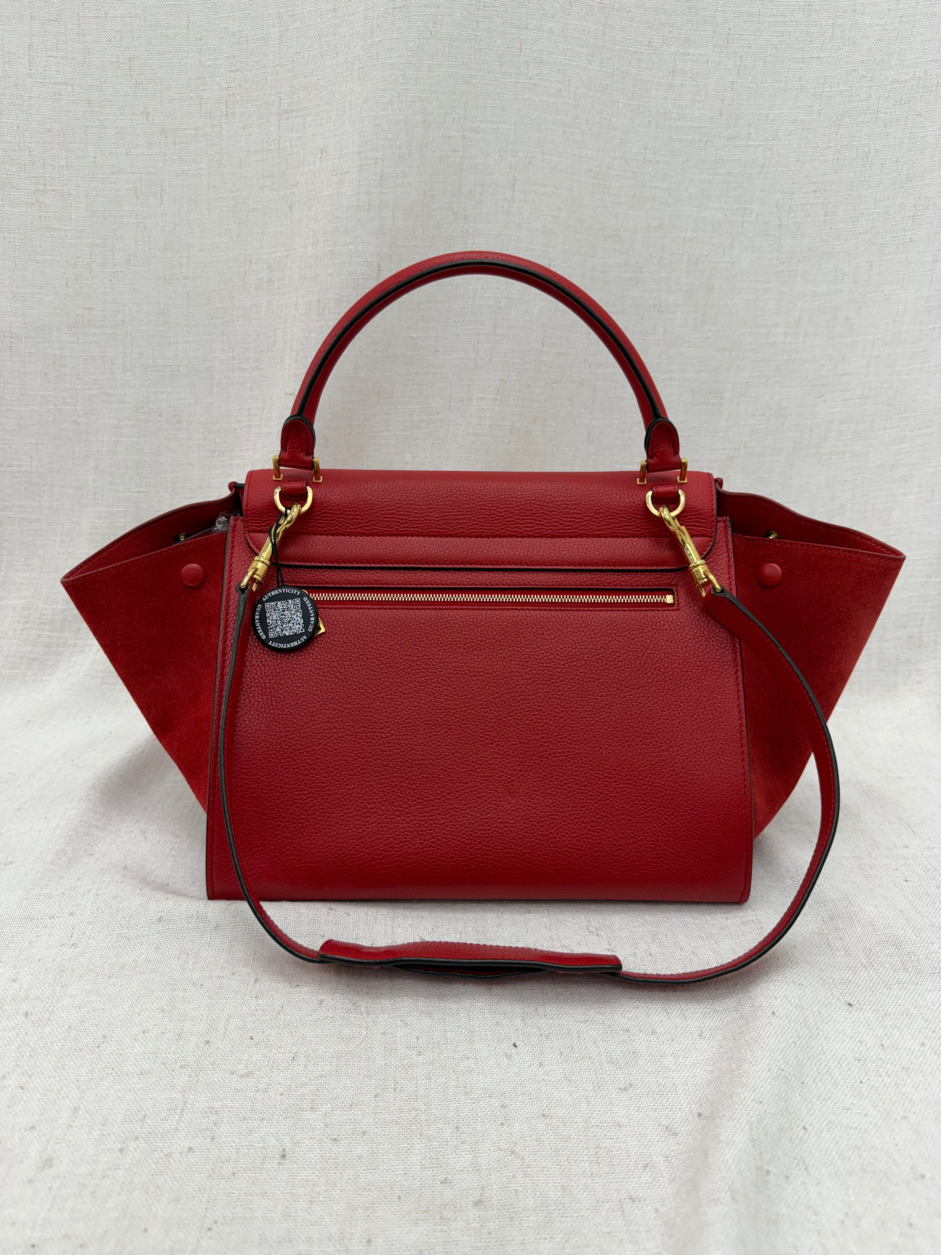 Celine Red Drummed Calfskin & Suede Small Trapeze 2Way Bag