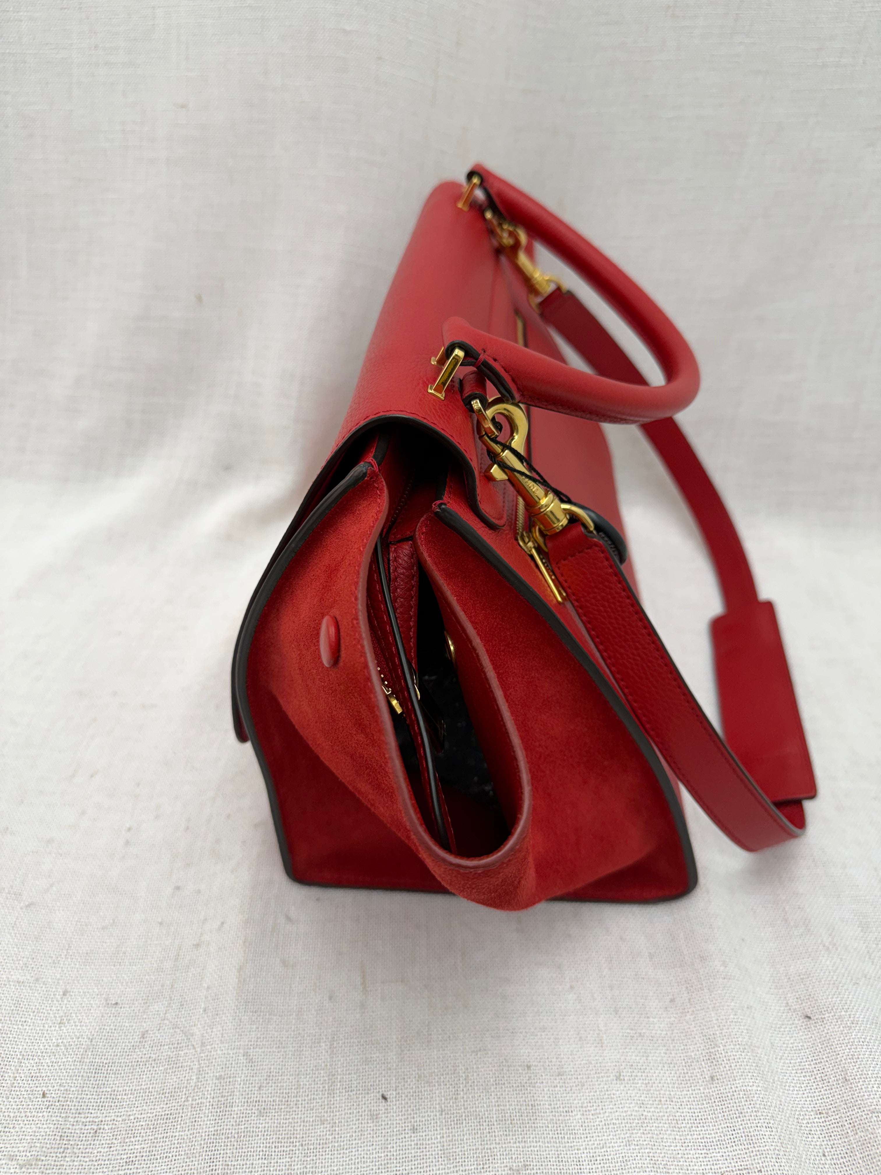 Celine Red Drummed Calfskin & Suede Small Trapeze 2Way Bag