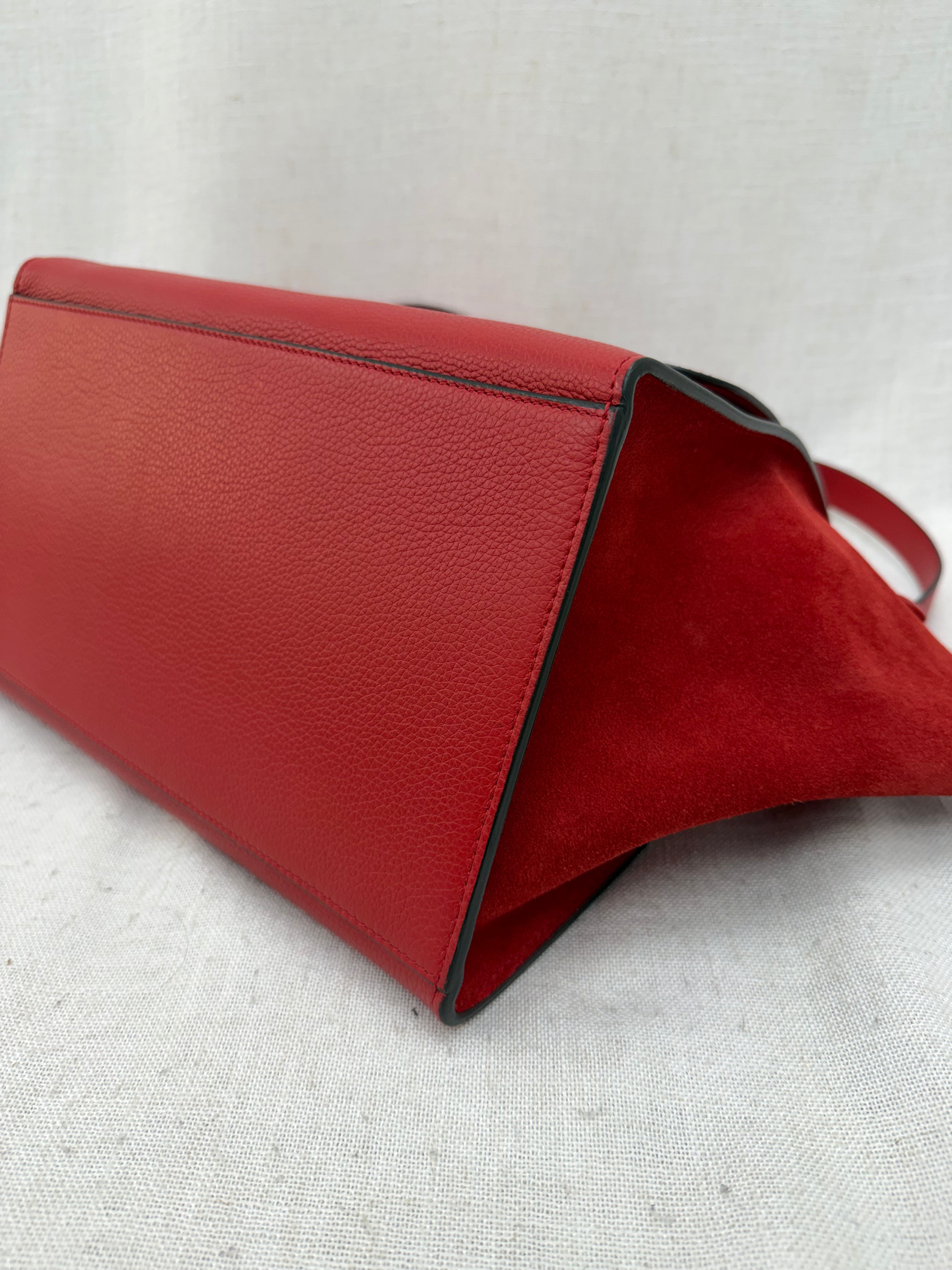 Celine Red Drummed Calfskin & Suede Small Trapeze 2Way Bag