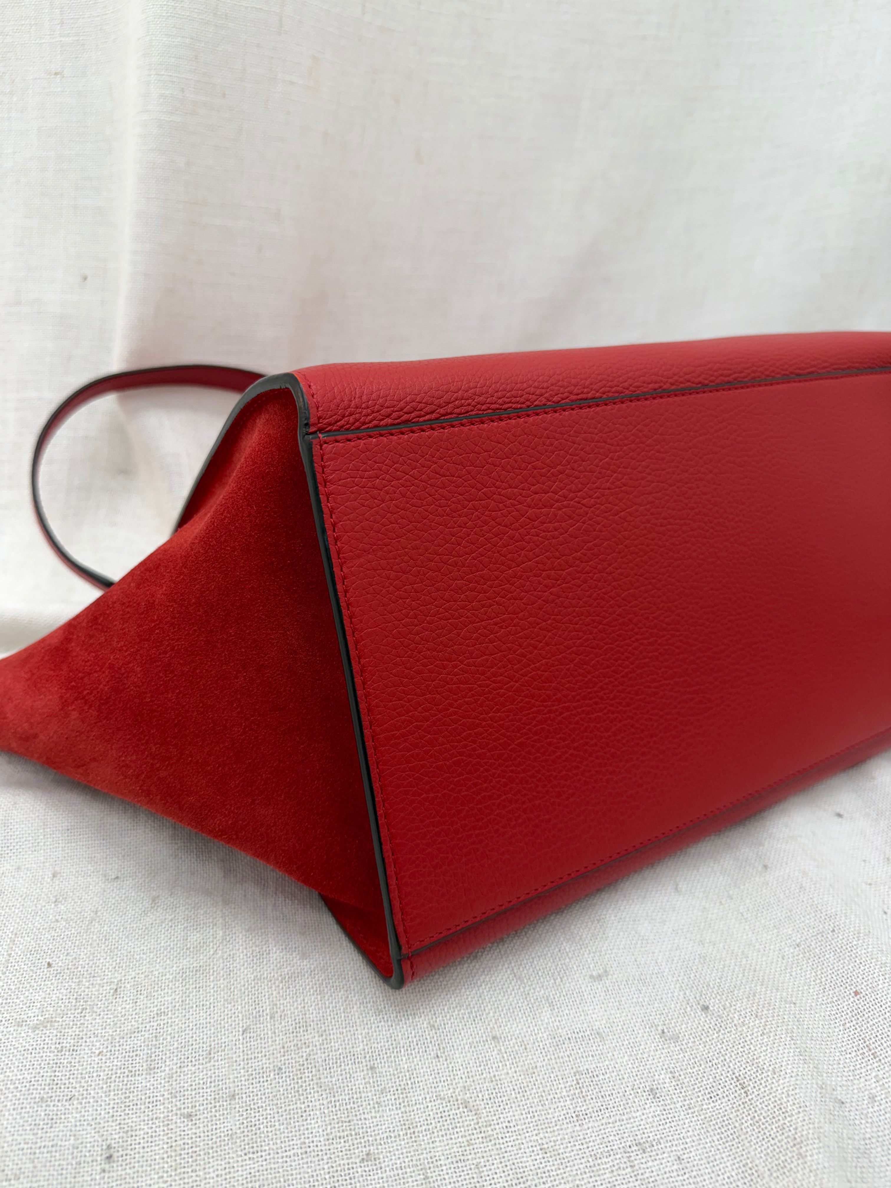 Celine Red Drummed Calfskin & Suede Small Trapeze 2Way Bag