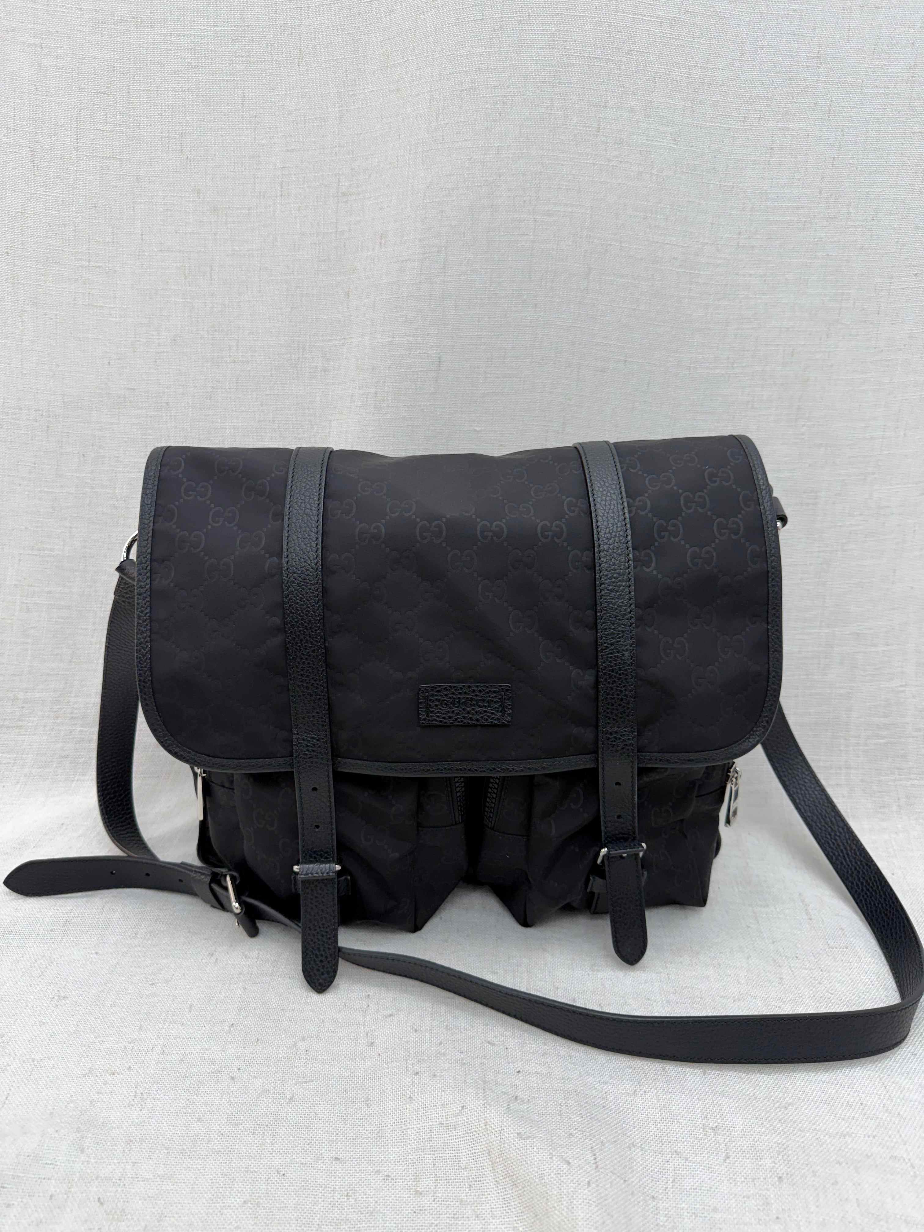 Gucci Black GG Nylon Buckle Flap Messenger Bag