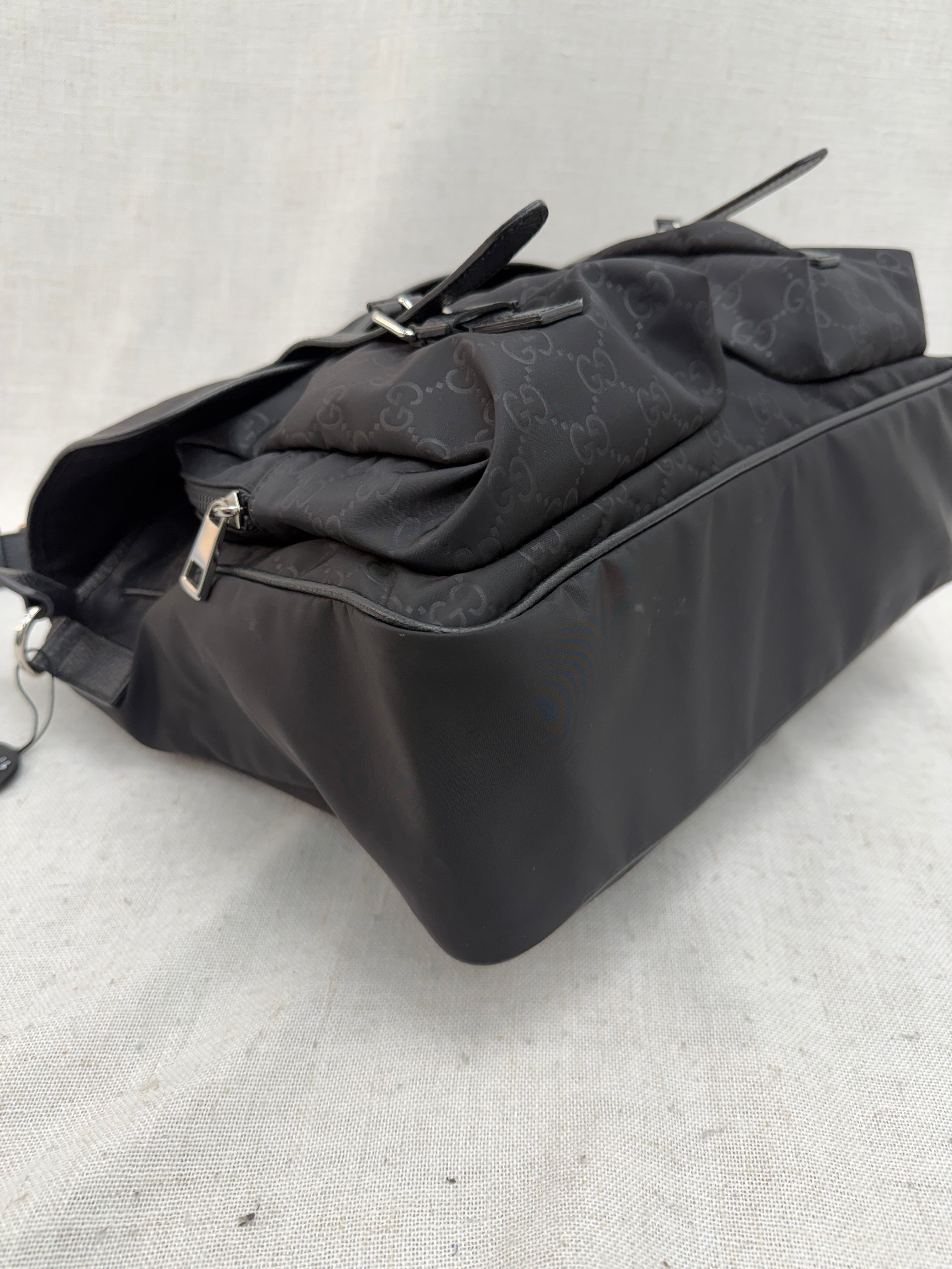 Gucci Black GG Nylon Buckle Flap Messenger Bag