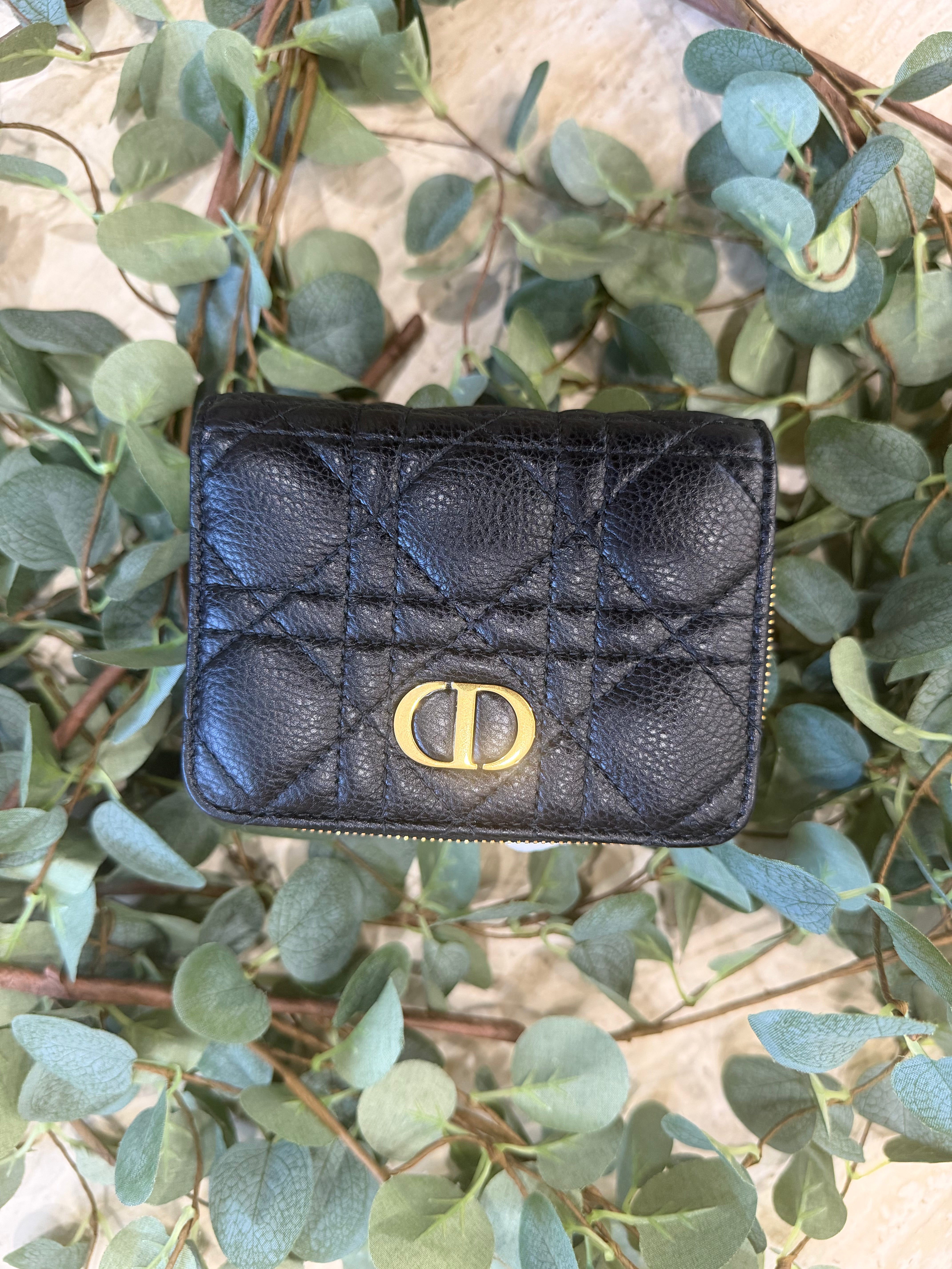 Christian Dior Black Grained Calfskin Leather Caro Compact Zippy Wallet