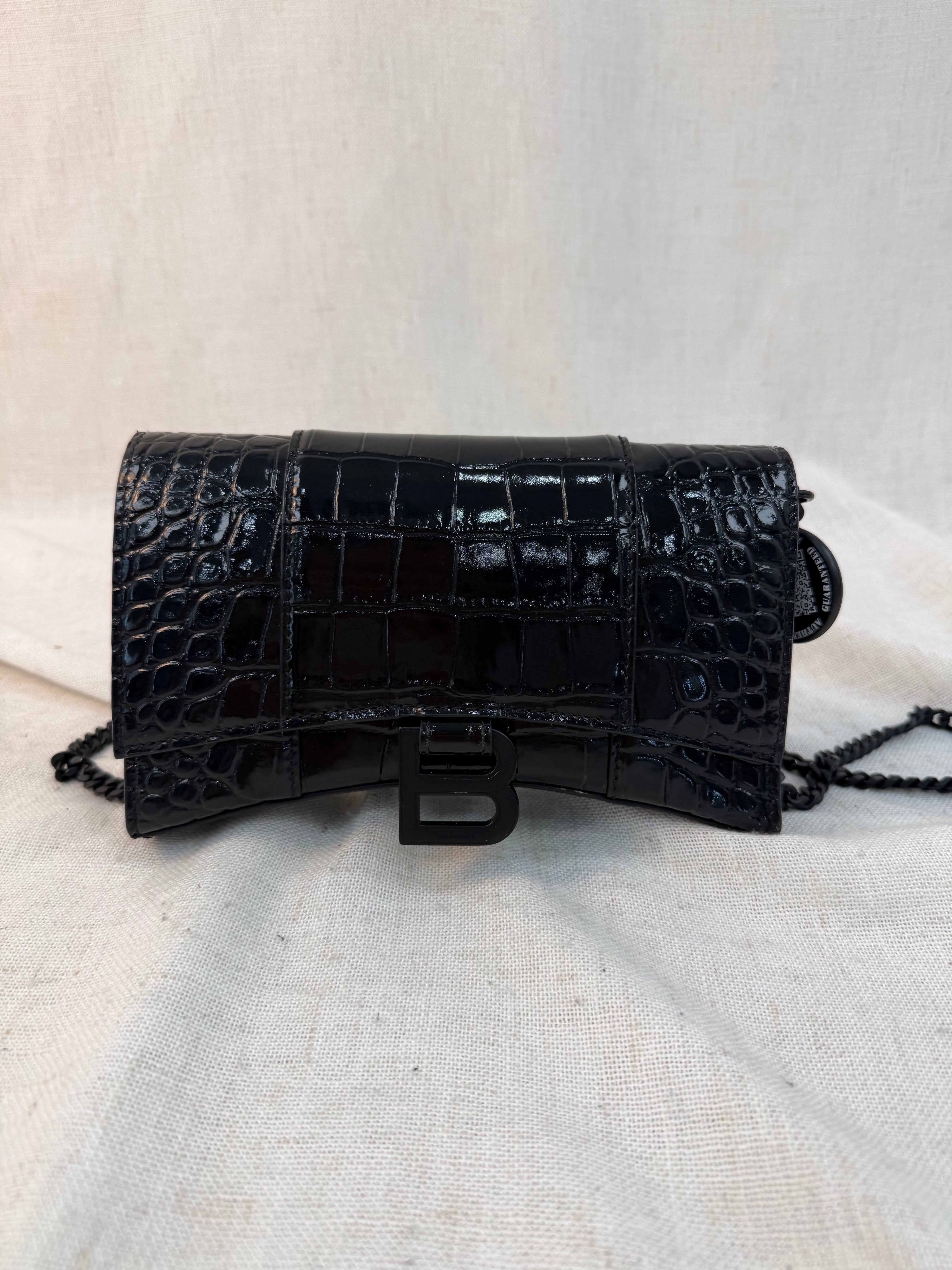 Balenciaga Black Croc Embossed Monochrome Hourglass Wallet on a Chain