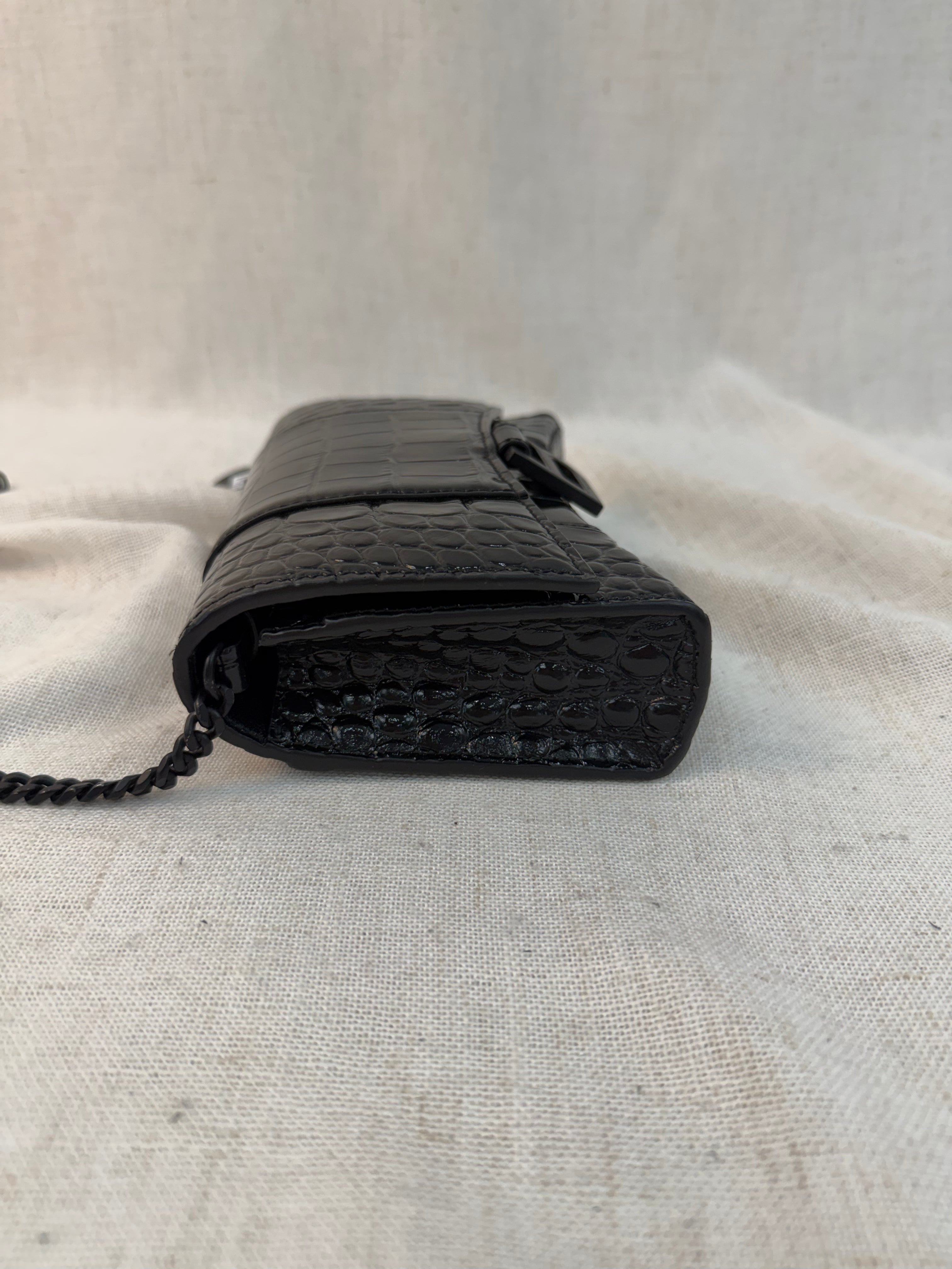 Balenciaga Black Croc Embossed Monochrome Hourglass Wallet on a Chain