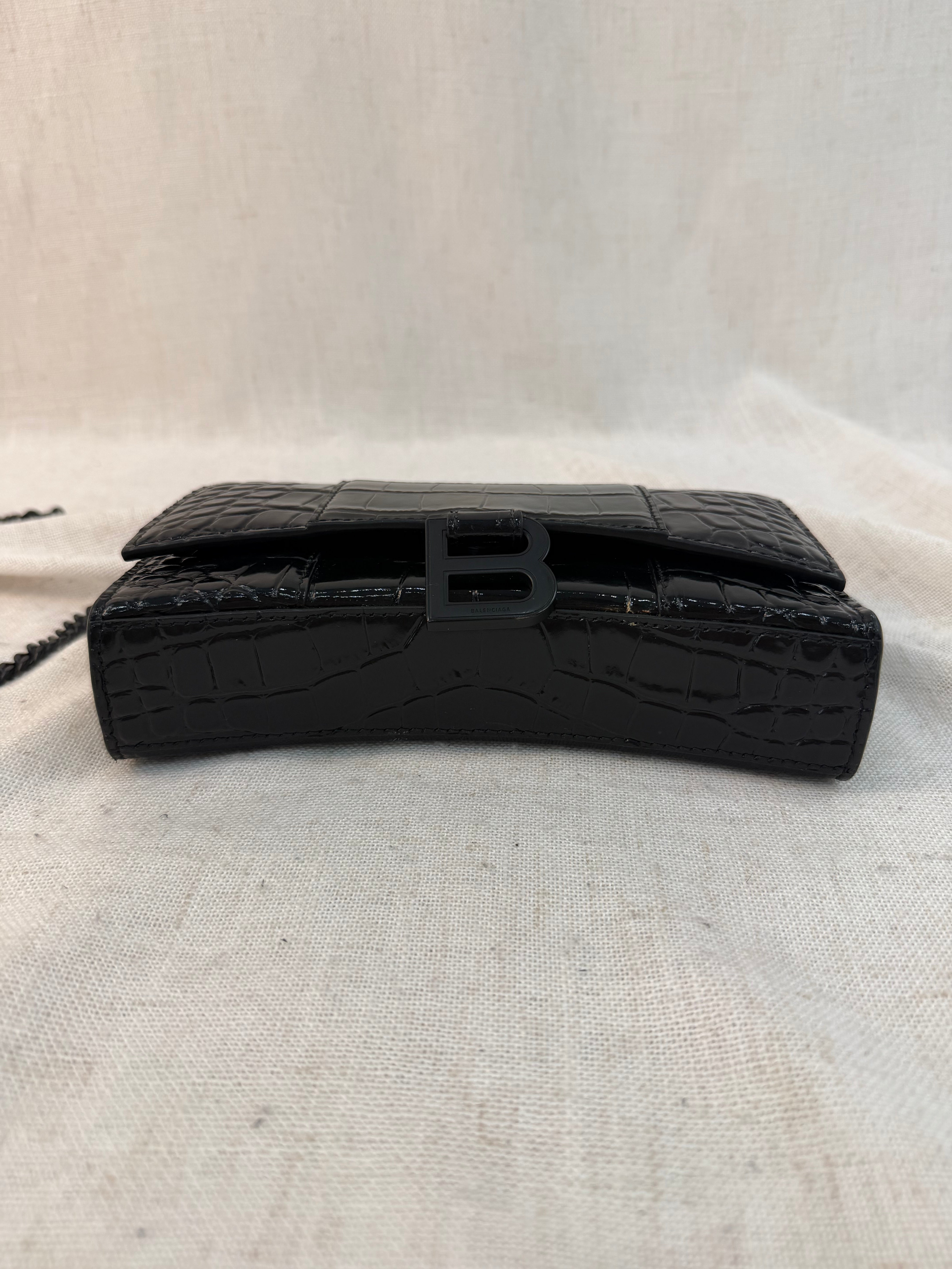 Balenciaga Black Croc Embossed Monochrome Hourglass Wallet on a Chain