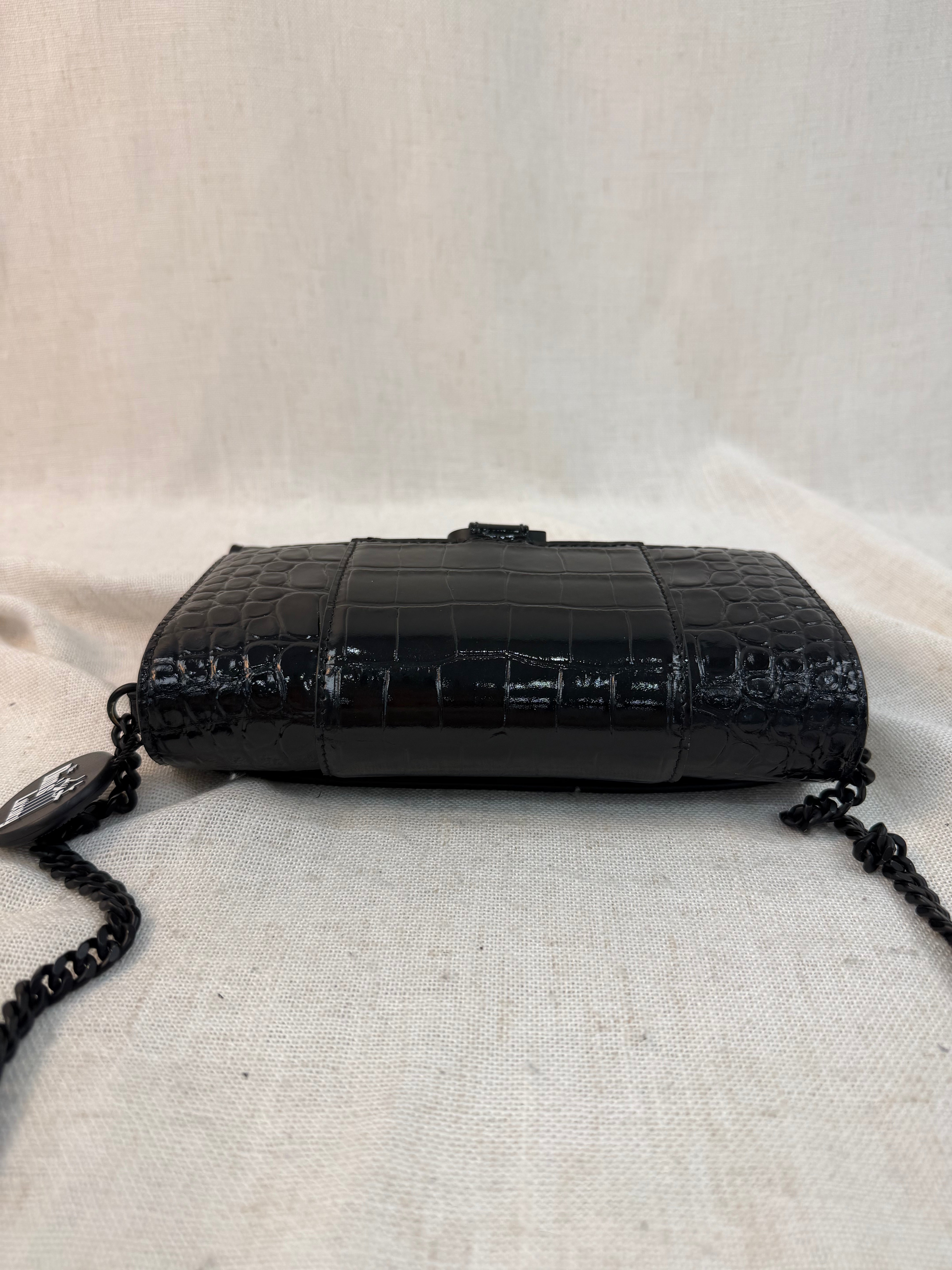 Balenciaga Black Croc Embossed Monochrome Hourglass Wallet on a Chain