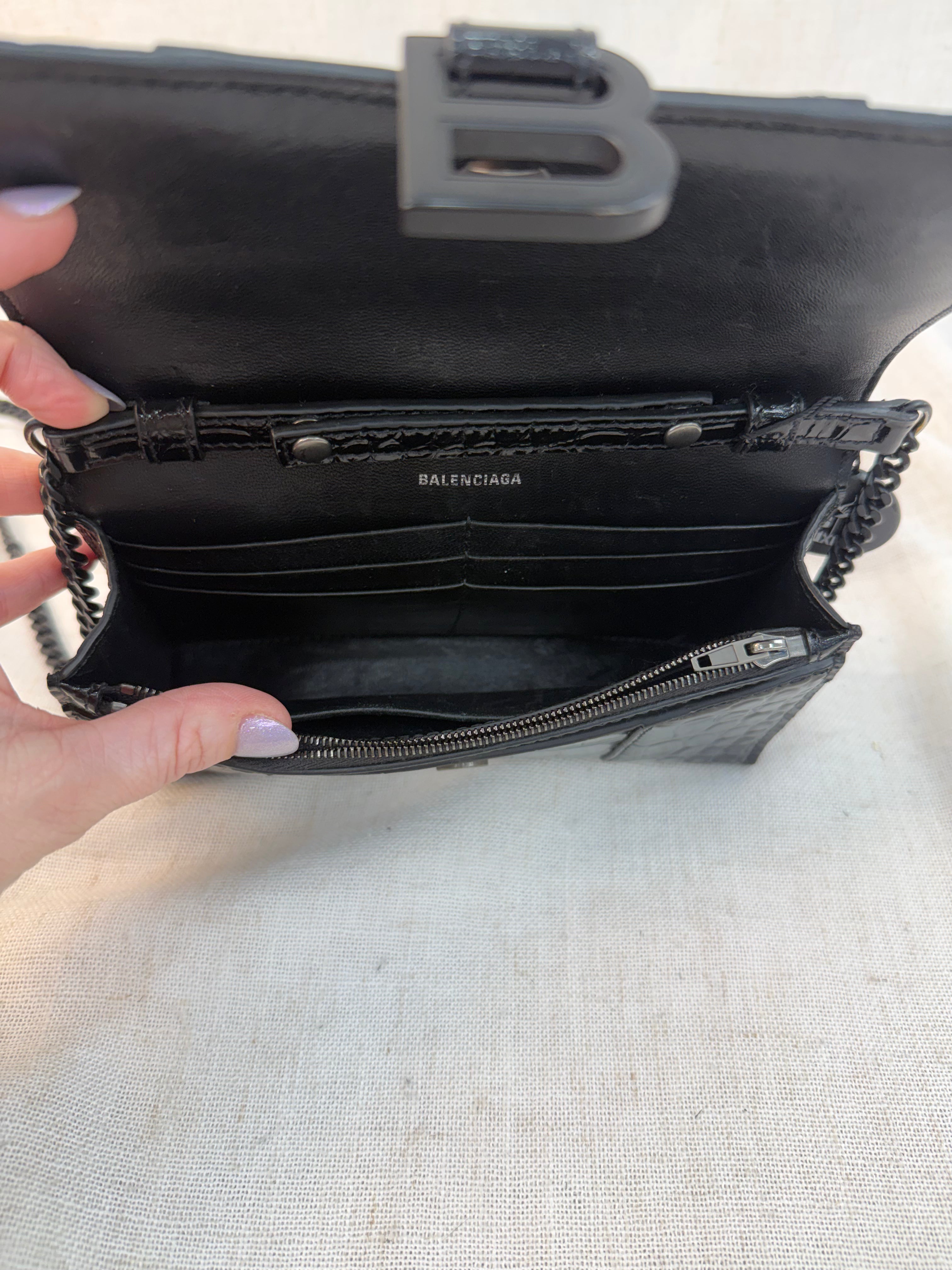 Balenciaga Black Croc Embossed Monochrome Hourglass Wallet on a Chain