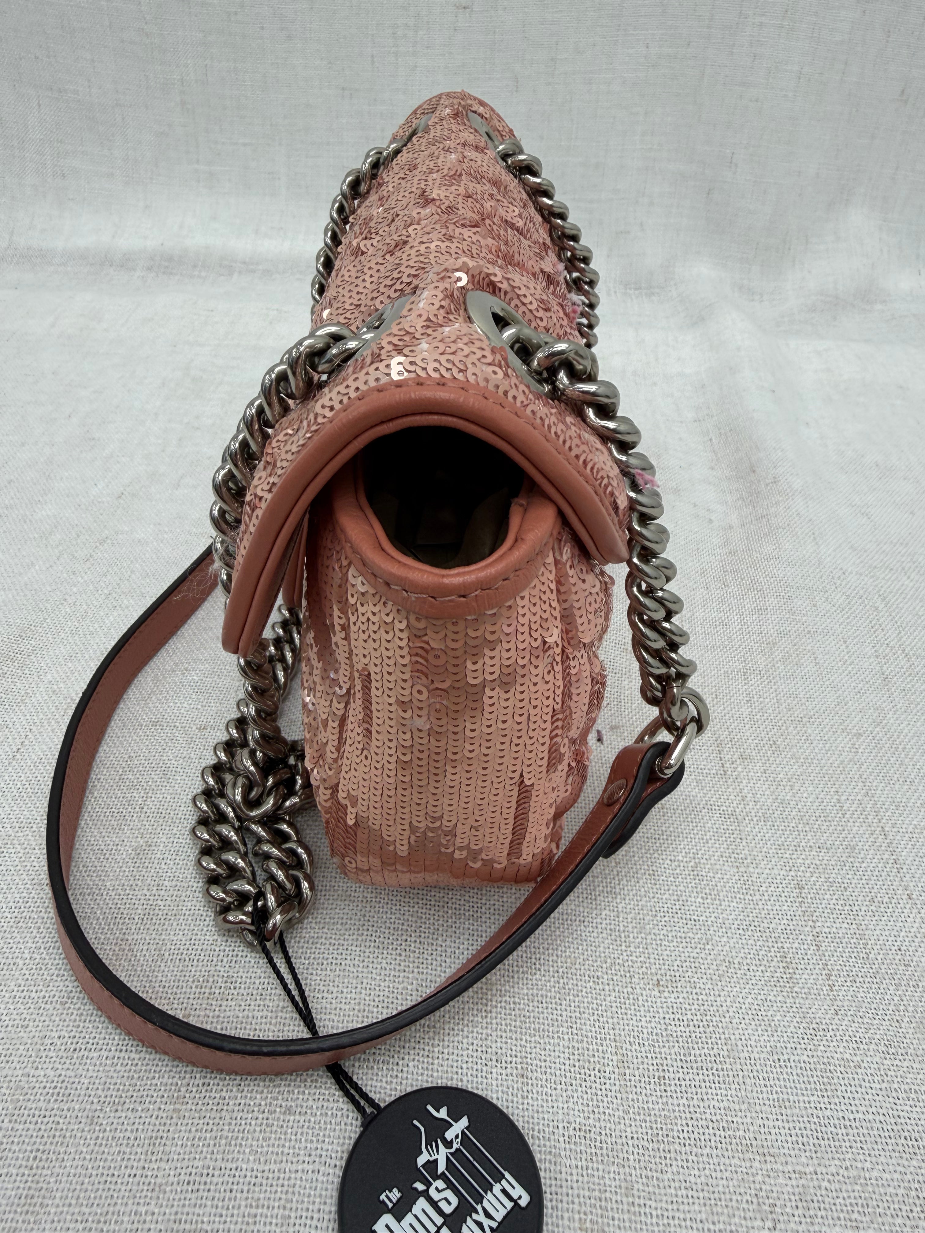 Gucci Rose Gold Sequins & Leather GG Marmont Mini Shoulder Bag