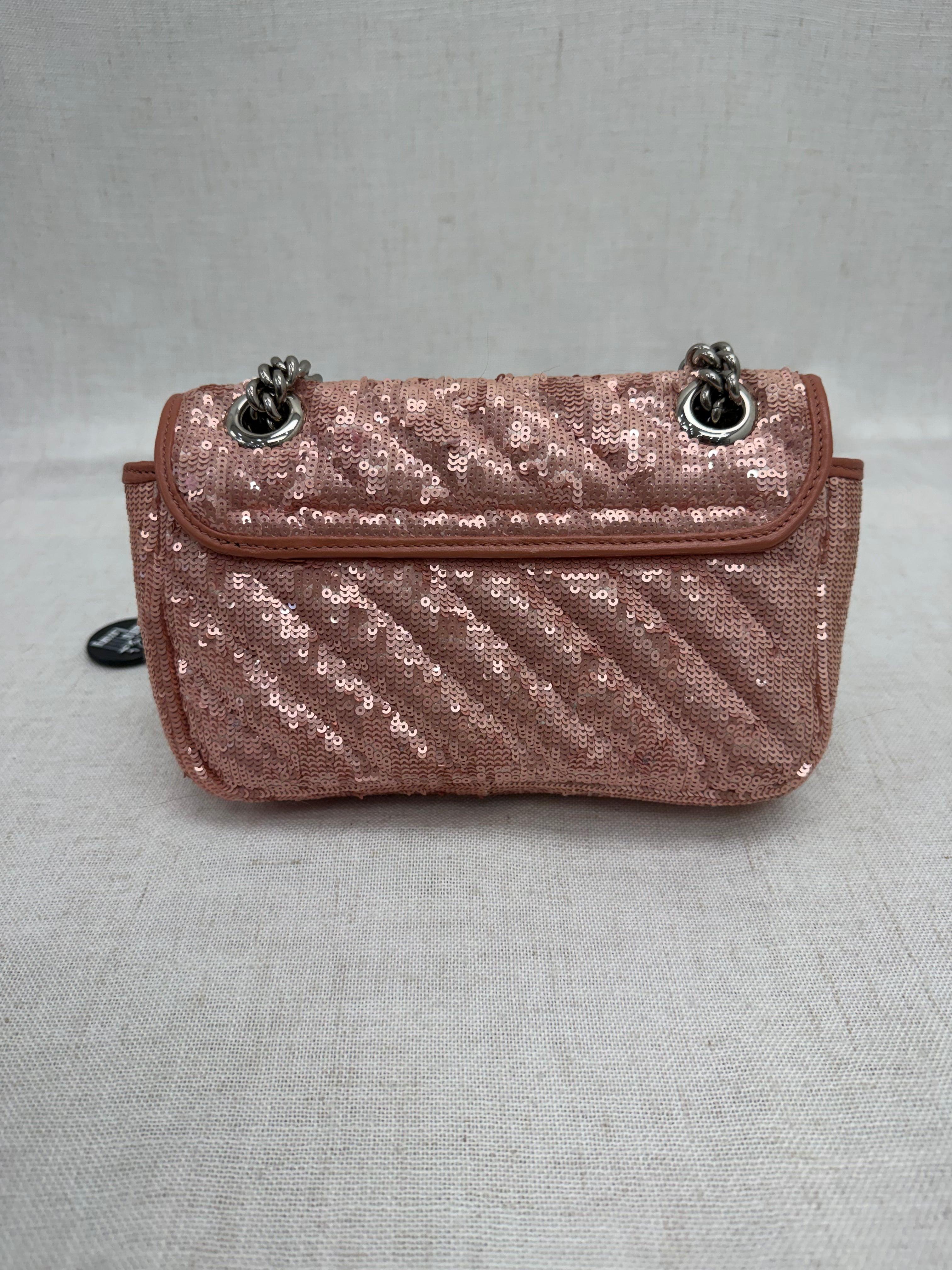 Gucci Rose Gold Sequins & Leather GG Marmont Mini Shoulder Bag