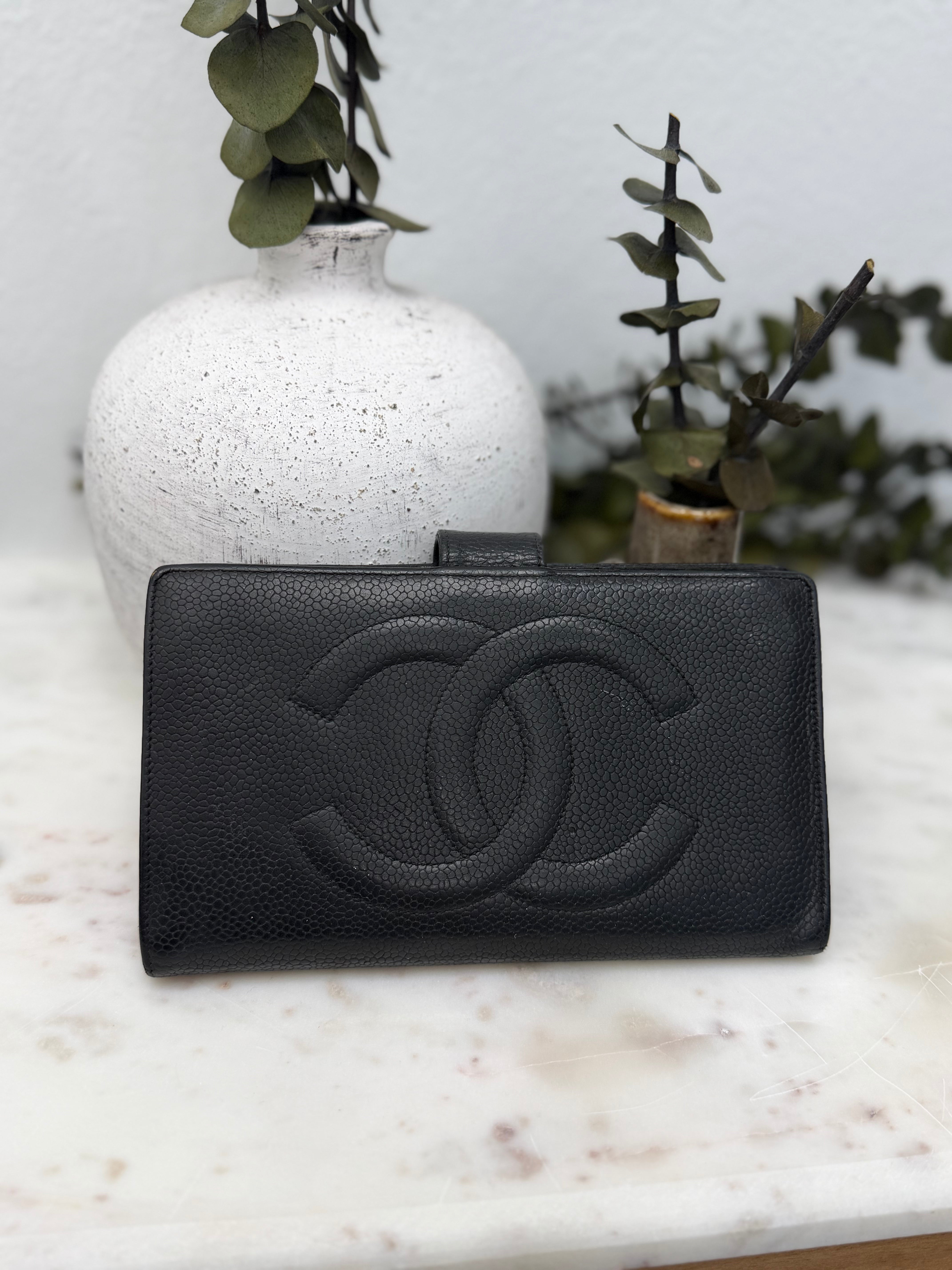 Chanel Black Caviar Leather Long Kisslock Wallet