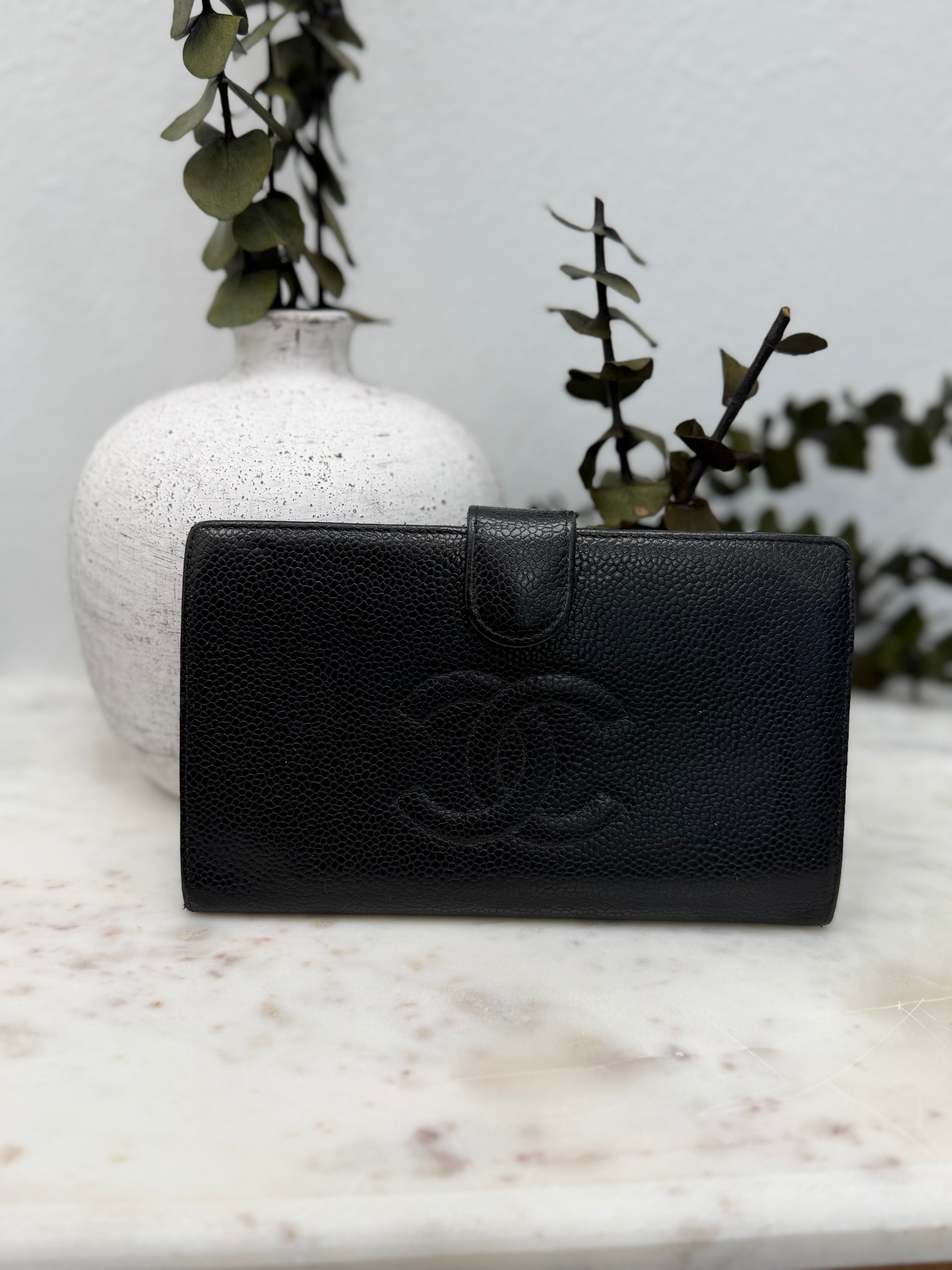 Chanel Black Caviar Leather Kisslock Long Wallet