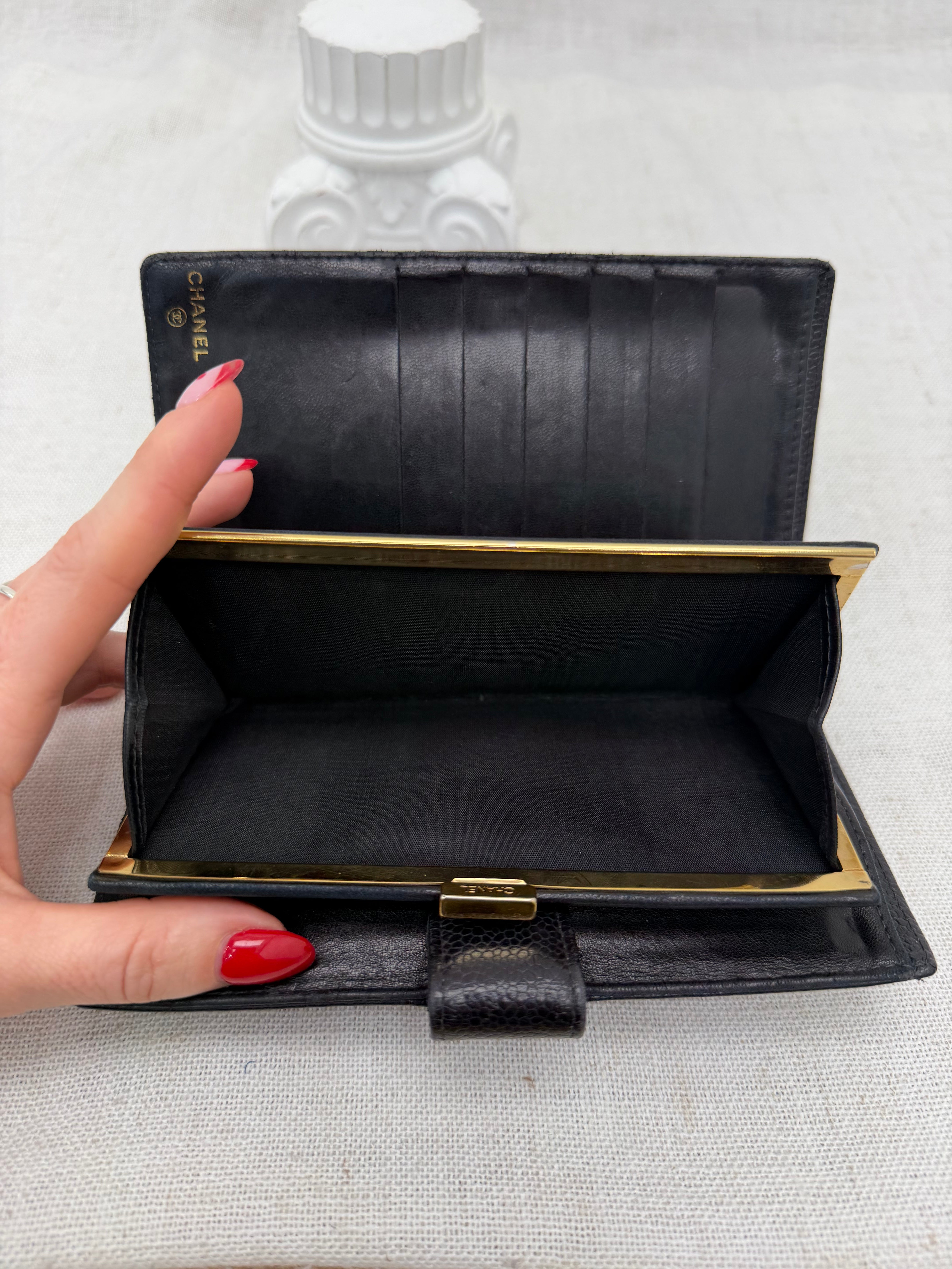 Chanel Black Caviar Leather Kisslock Long Wallet