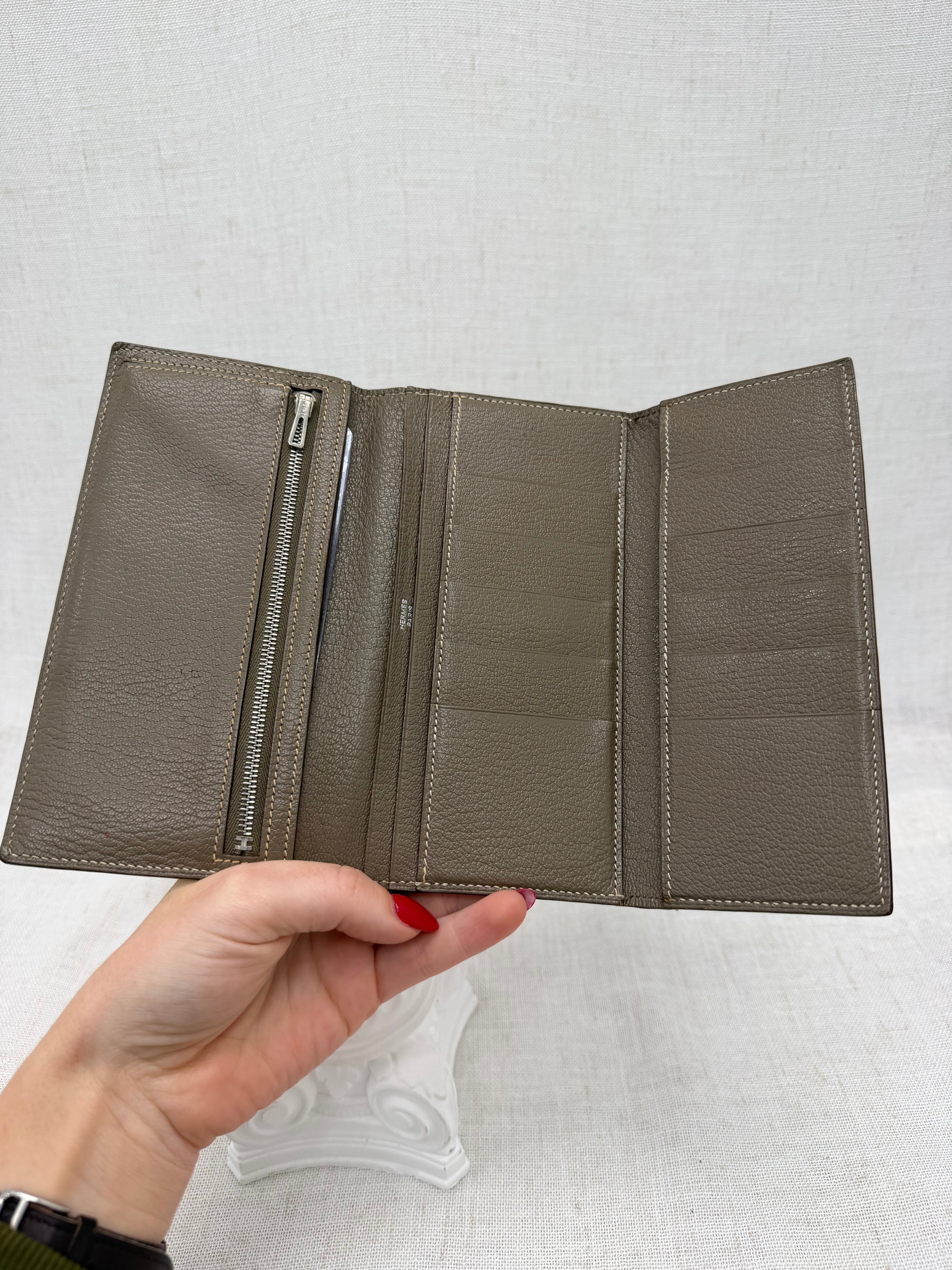 Hermes Dark Taupe Leather Trifold Bearn Wallet