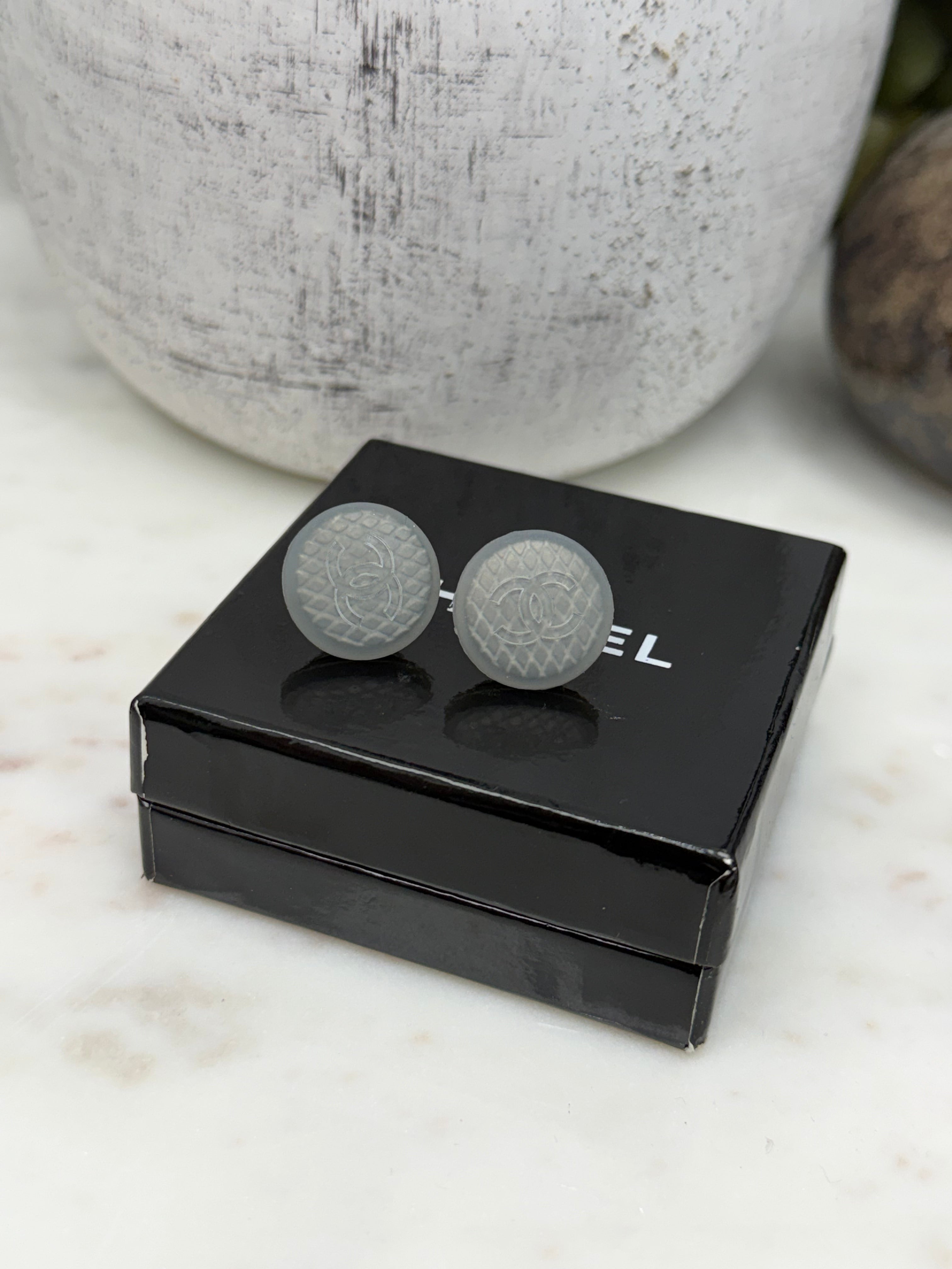 Chanel Vintage Grey CC Rubberized Earrings