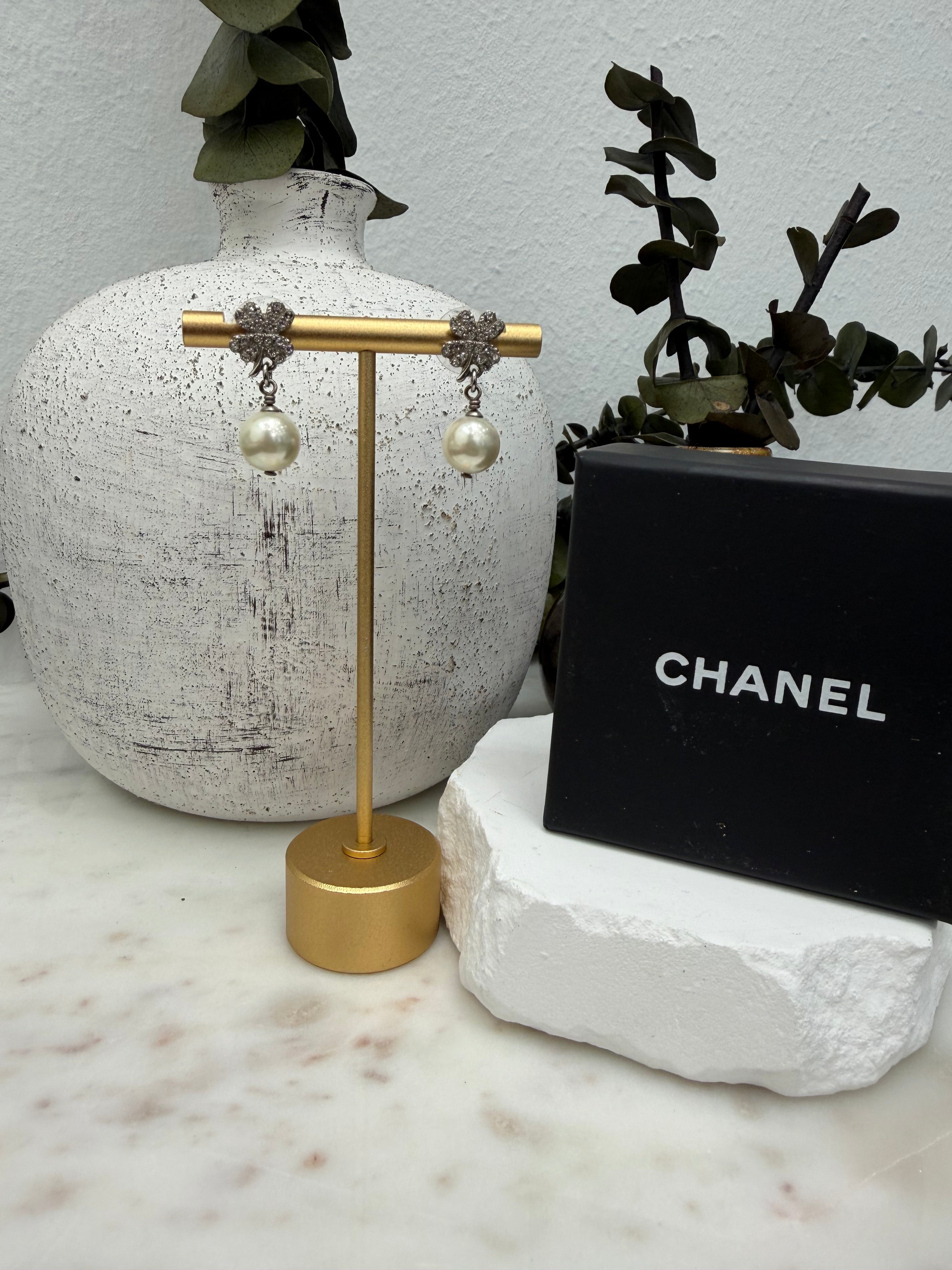 Chanel Vintage Clover Faux Pearl Drop Silver Earrings
