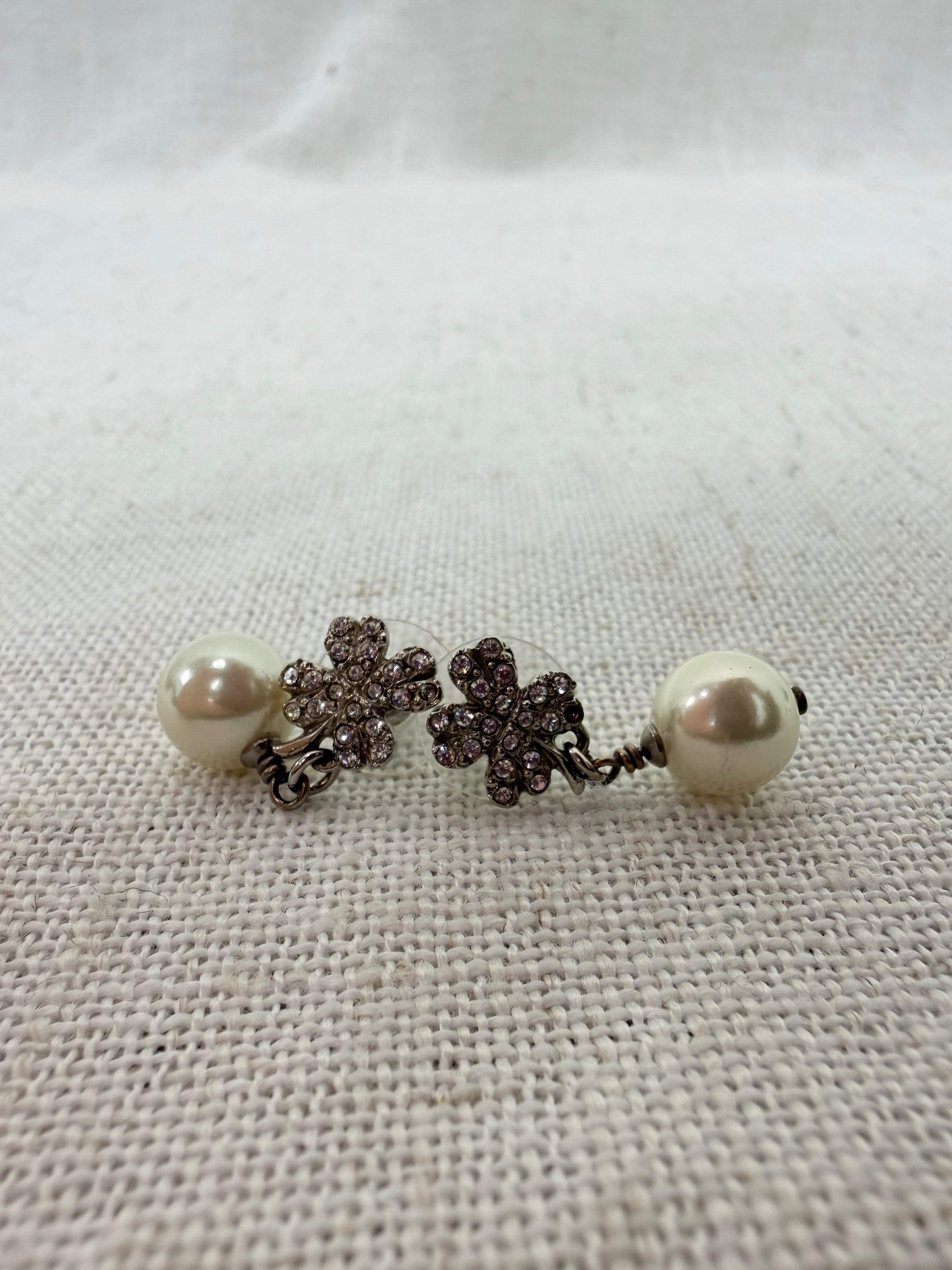 Chanel Vintage Clover Faux Pearl Drop Silver Earrings