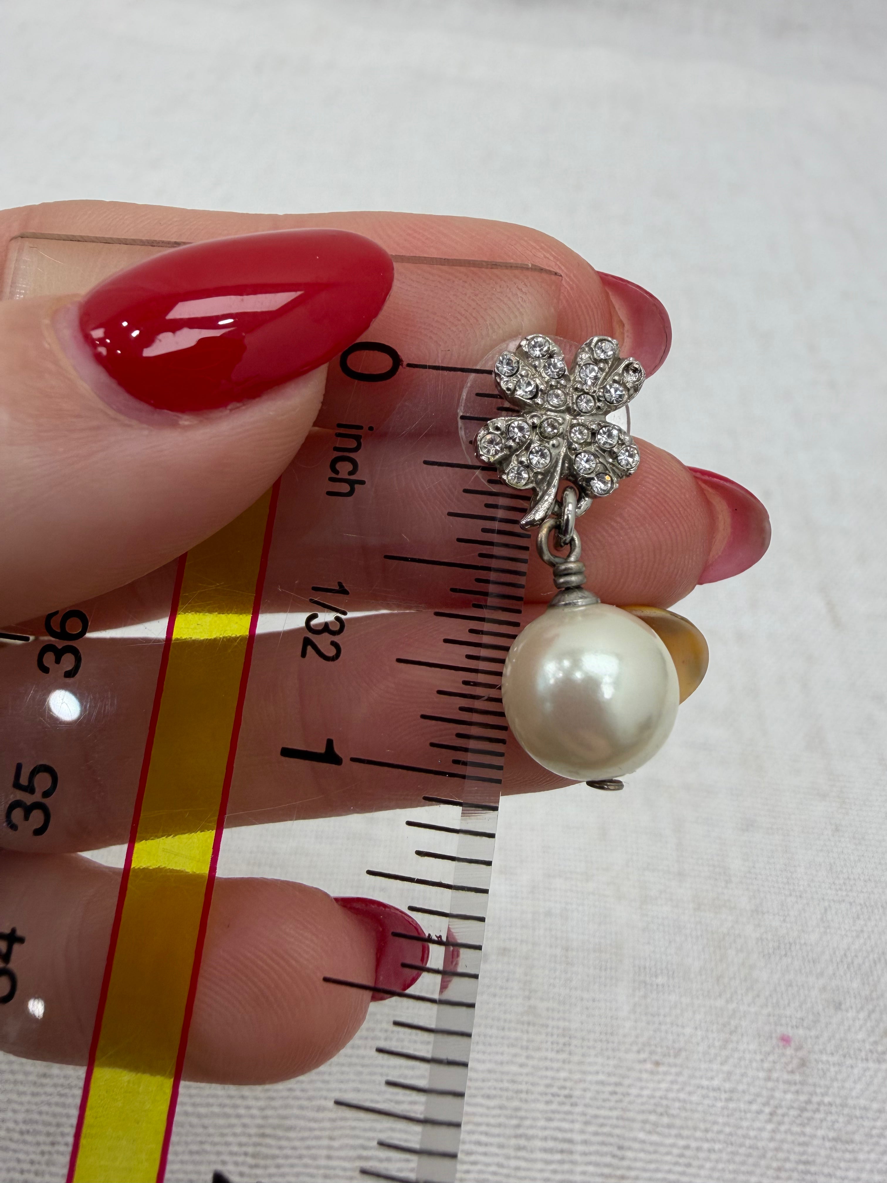 Chanel Vintage Clover Faux Pearl Drop Silver Earrings