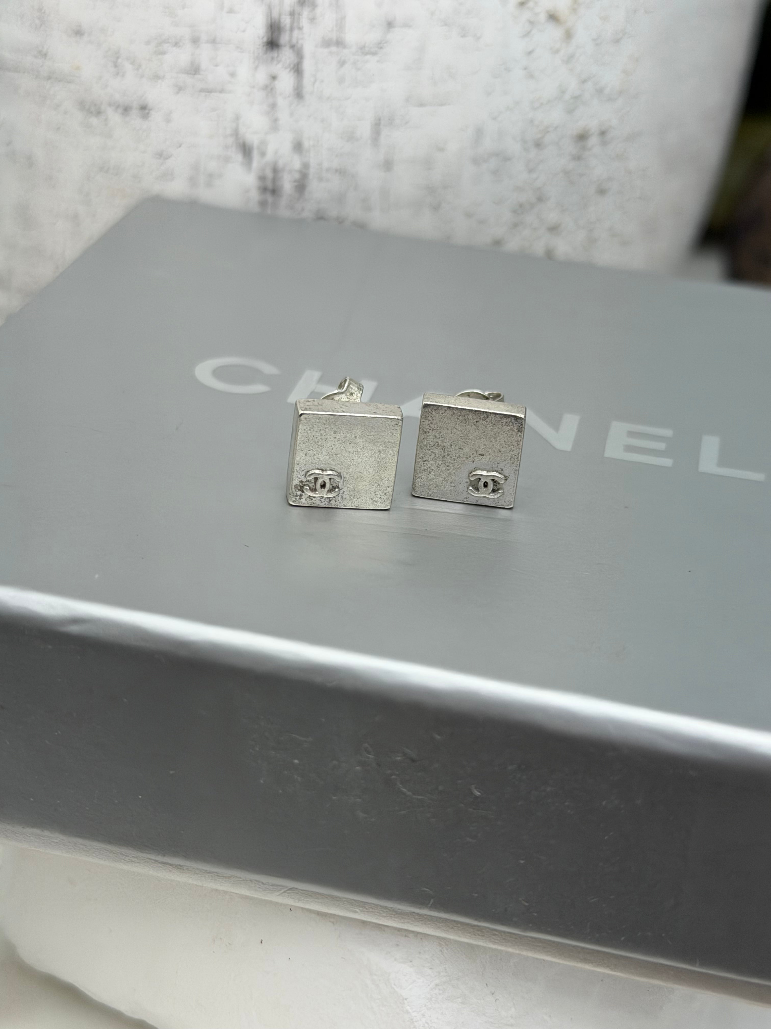 Chanel Vintage CC Square Silver Earrings