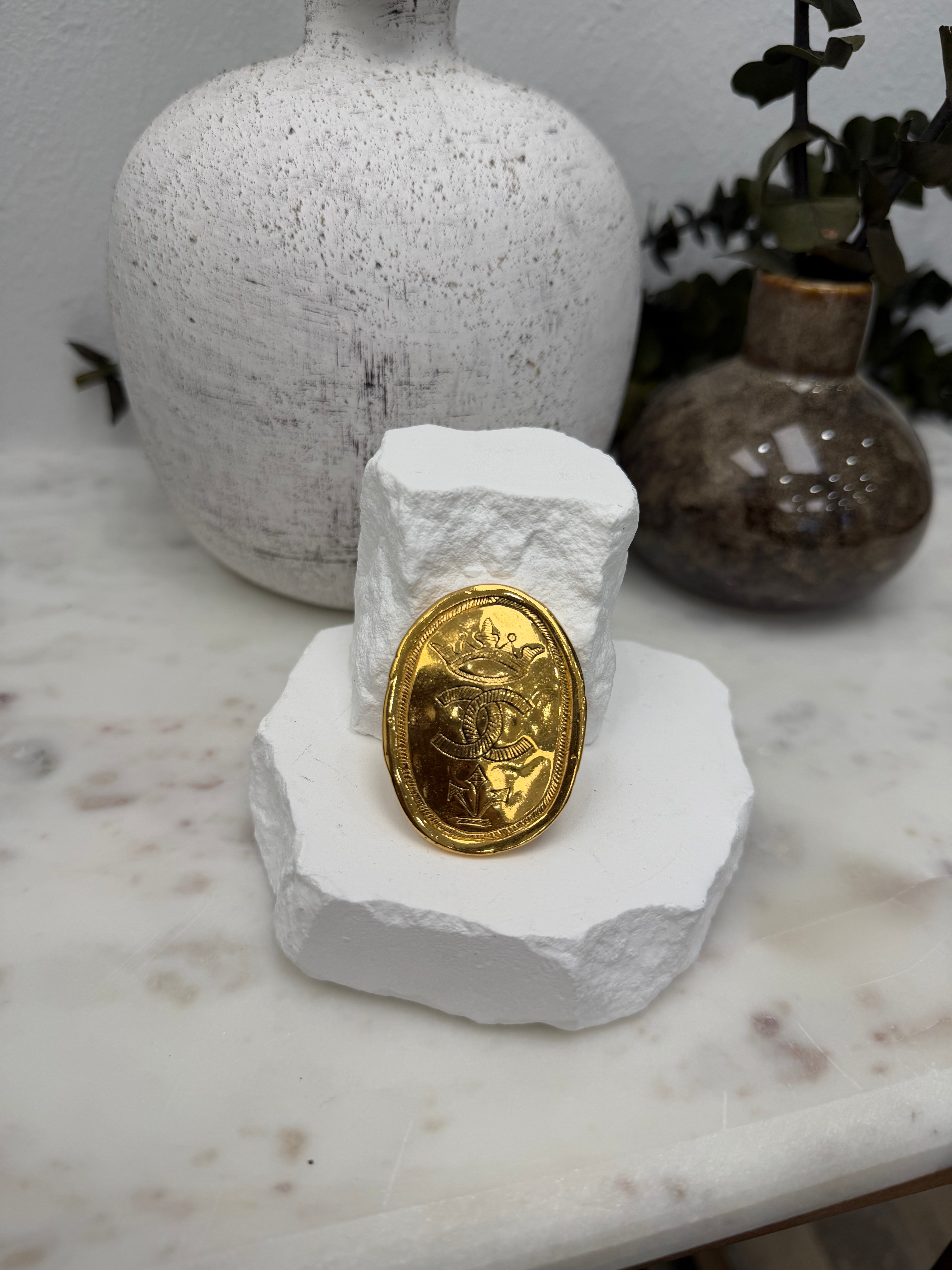 Chanel Vintage Gold Tone CC Crown Brooch