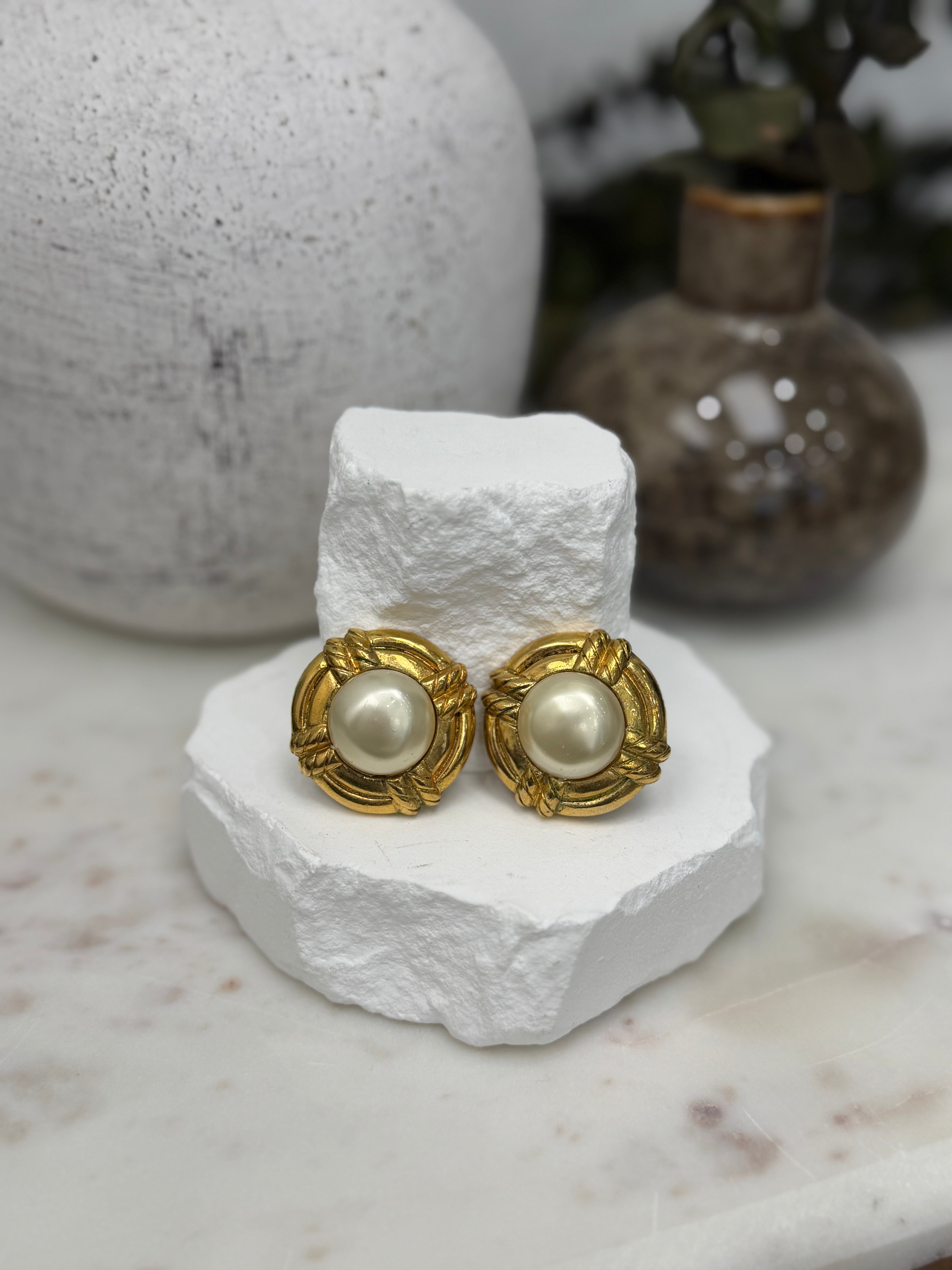 Chanel Vintage Gold Tone Faux Pearl Rope Clip On Earrings