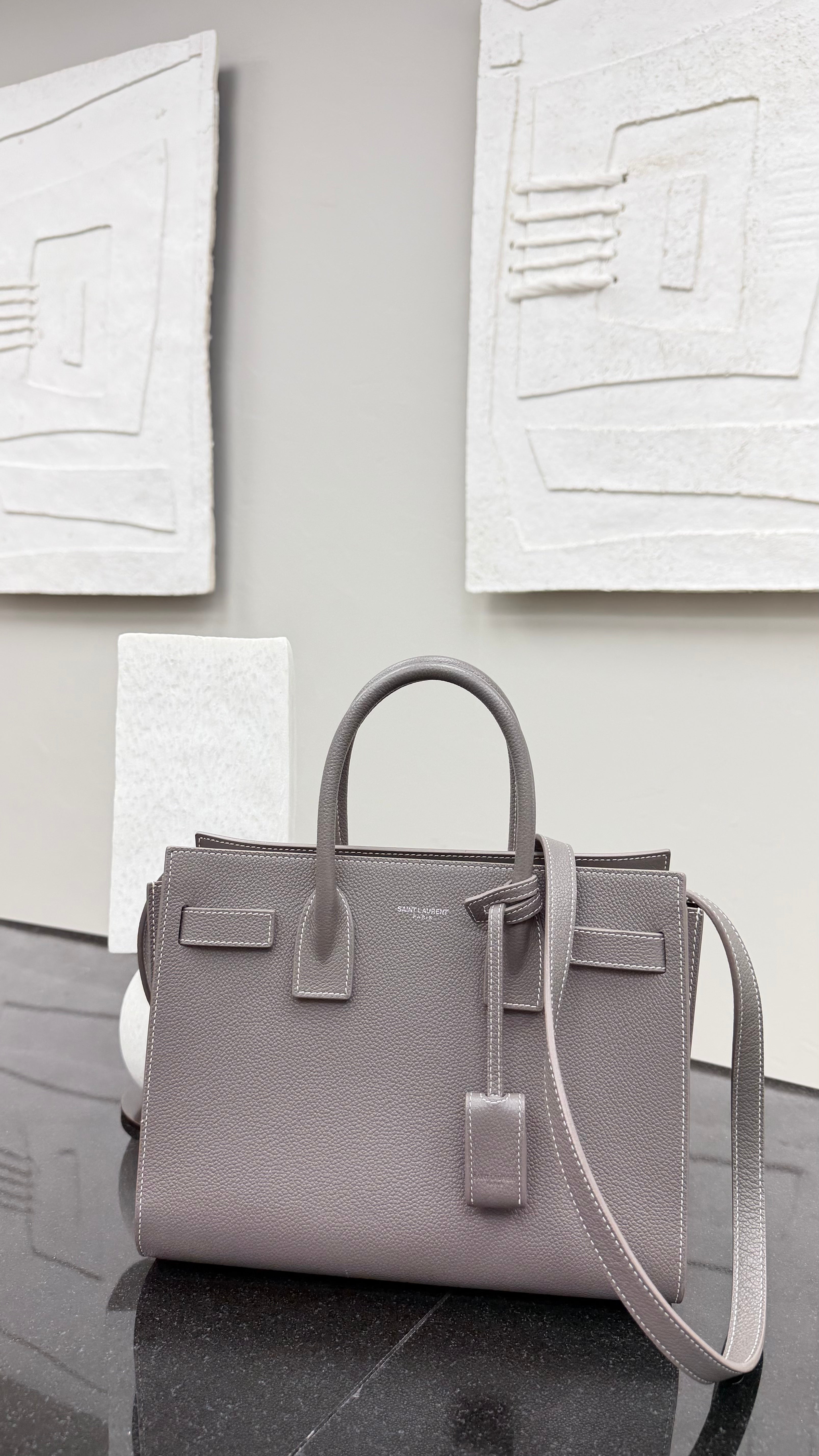 *DONS DROP* LIKE NEW - Saint Laurent YSL Grey Grained Leather Sac De Jour Baby Tote Bag