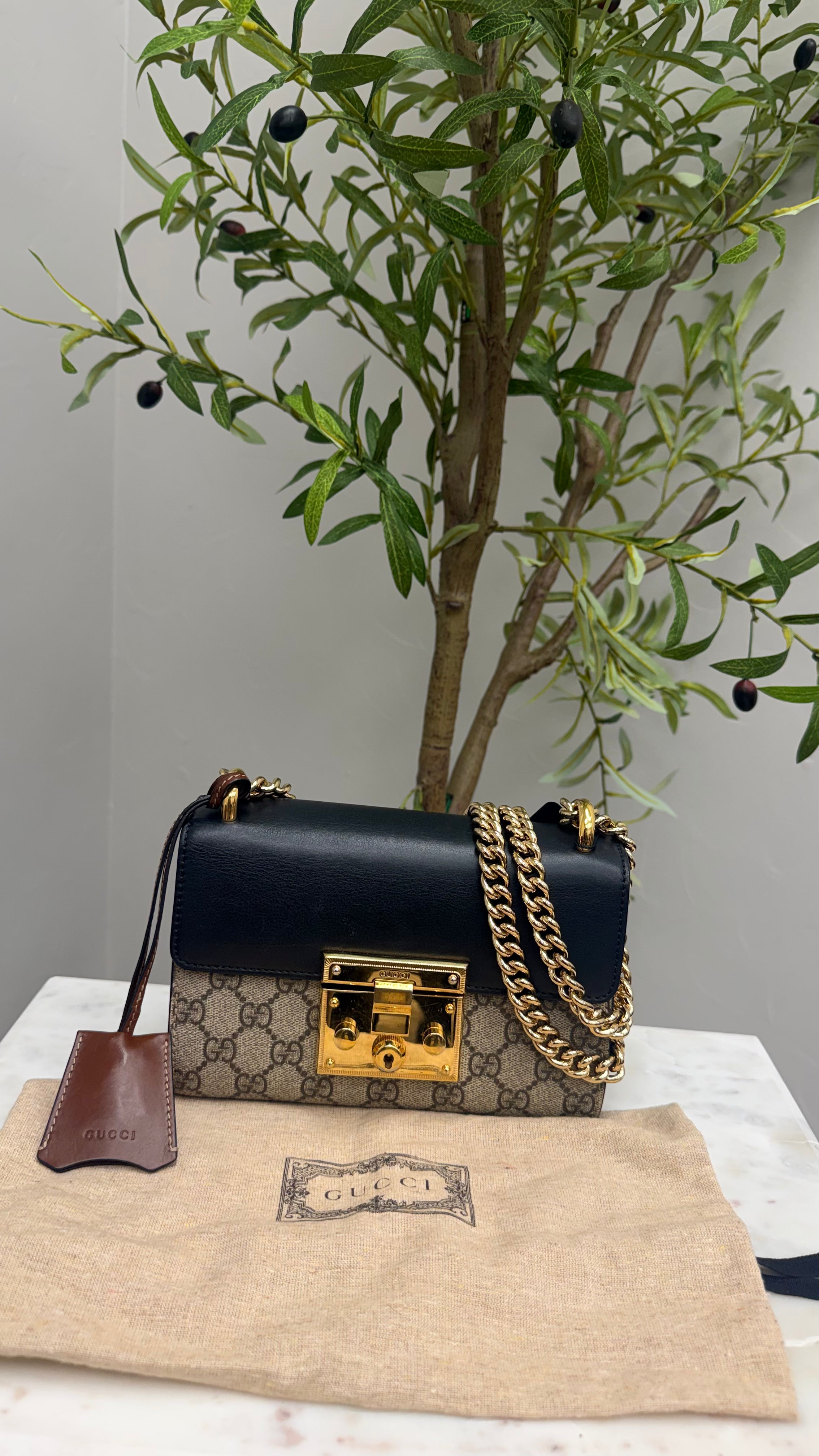 *DONS DROP* Gucci Black And Beige Leather And Coated Canvas Padlock Small Shoulder Bag