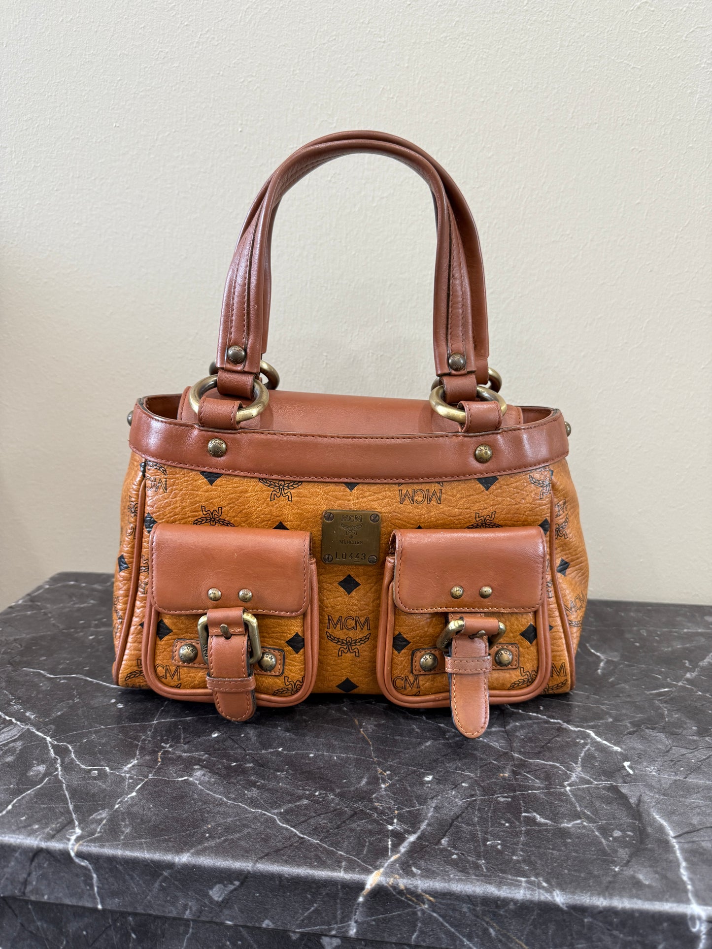 MCM Cognac Visetos Leather Small Boston Bag