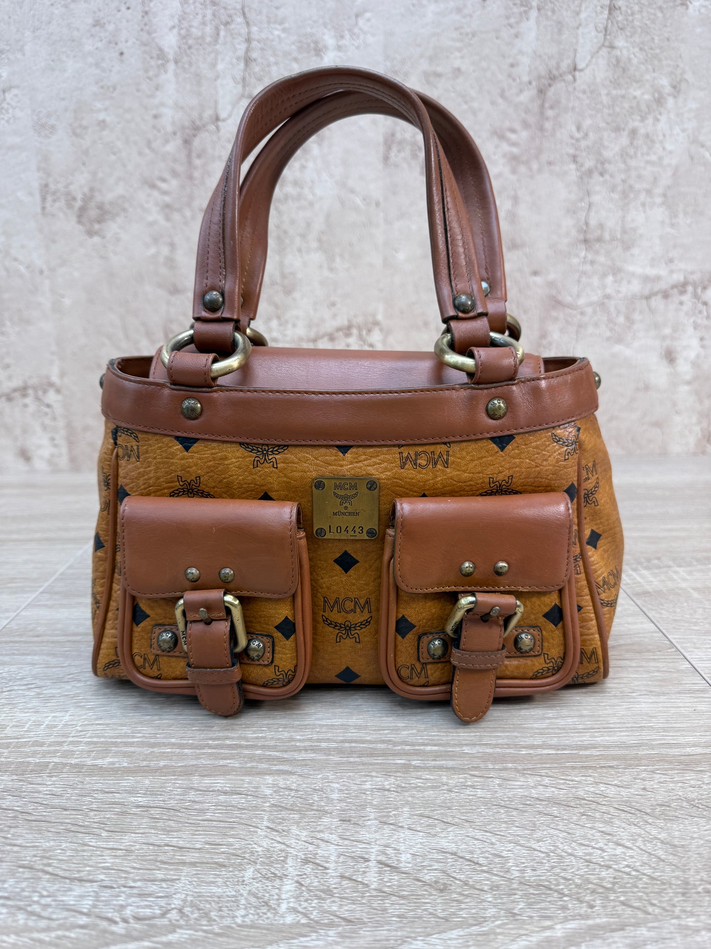 MCM Cognac Visetos Leather Small Boston Bag