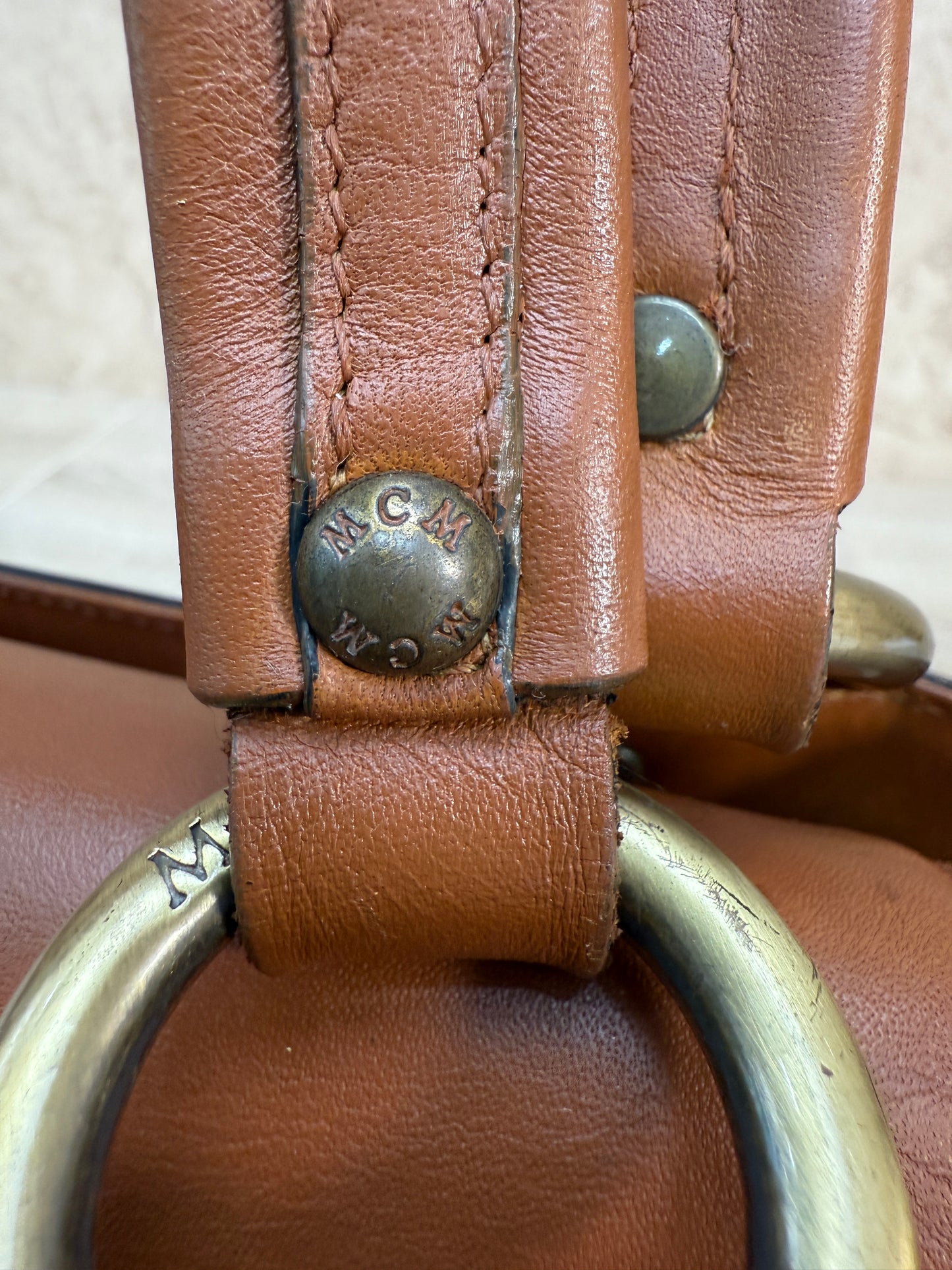 MCM Cognac Visetos Leather Small Boston Bag