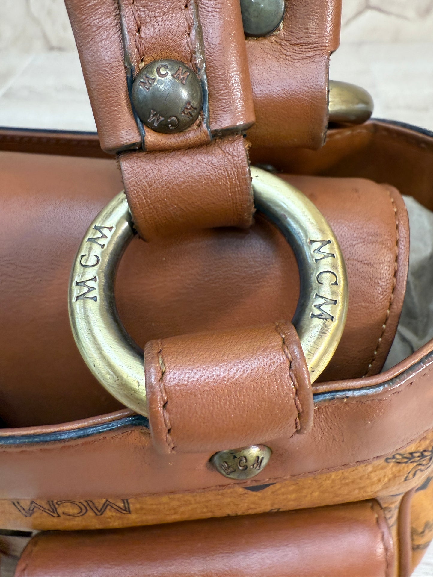 MCM Cognac Visetos Leather Small Boston Bag